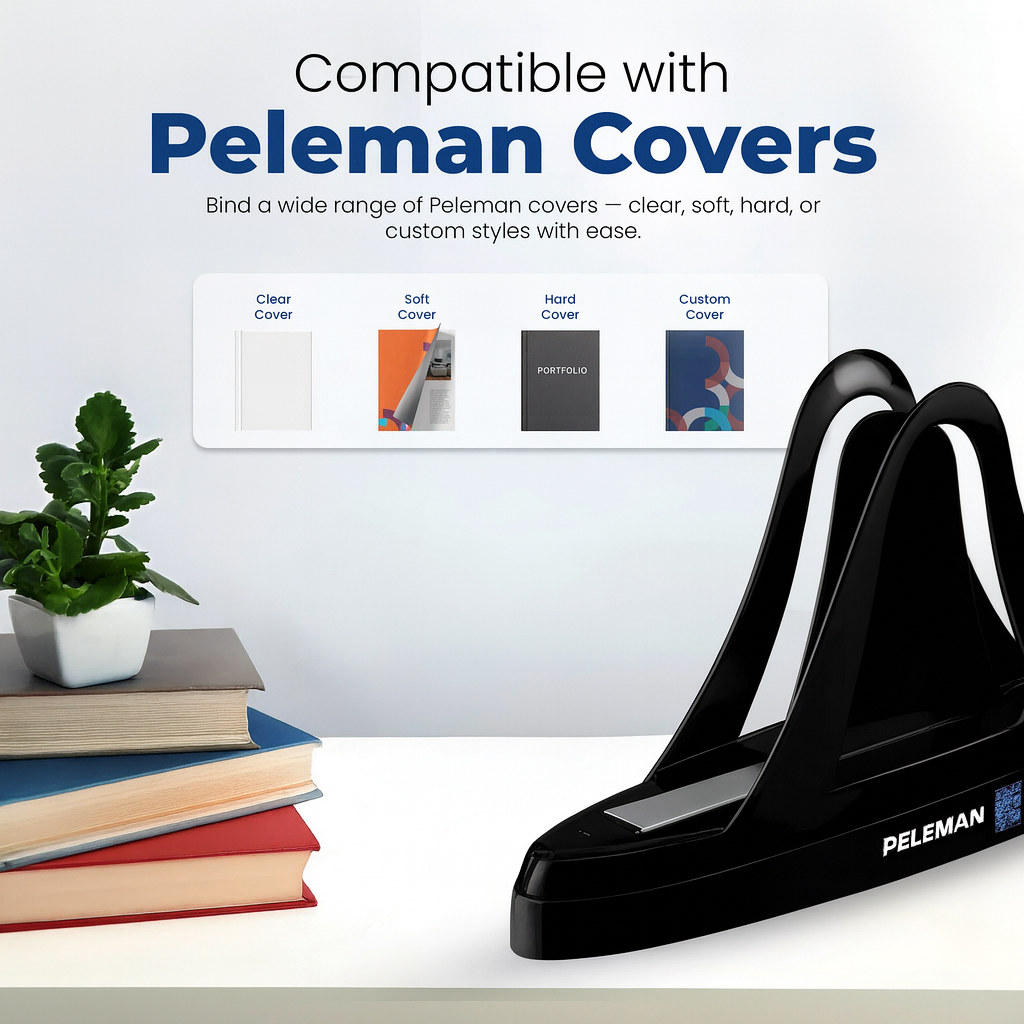 Black bookend with Peleman branding on a white surface with books and a plant.