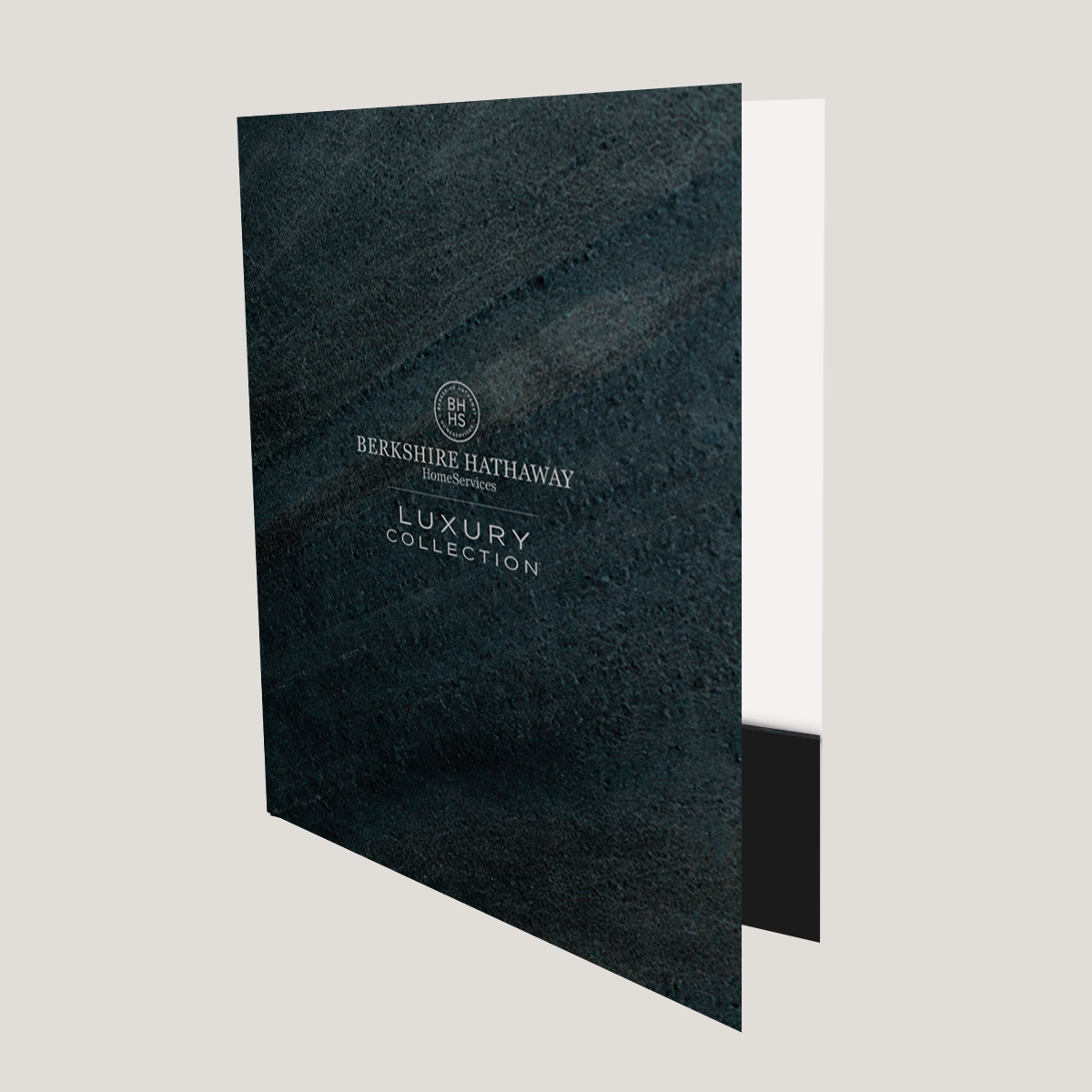 BHHS Luxury Texture Lay Flat Pocket Folder front cover with soft touch finish and raised UV Scodix logo branding