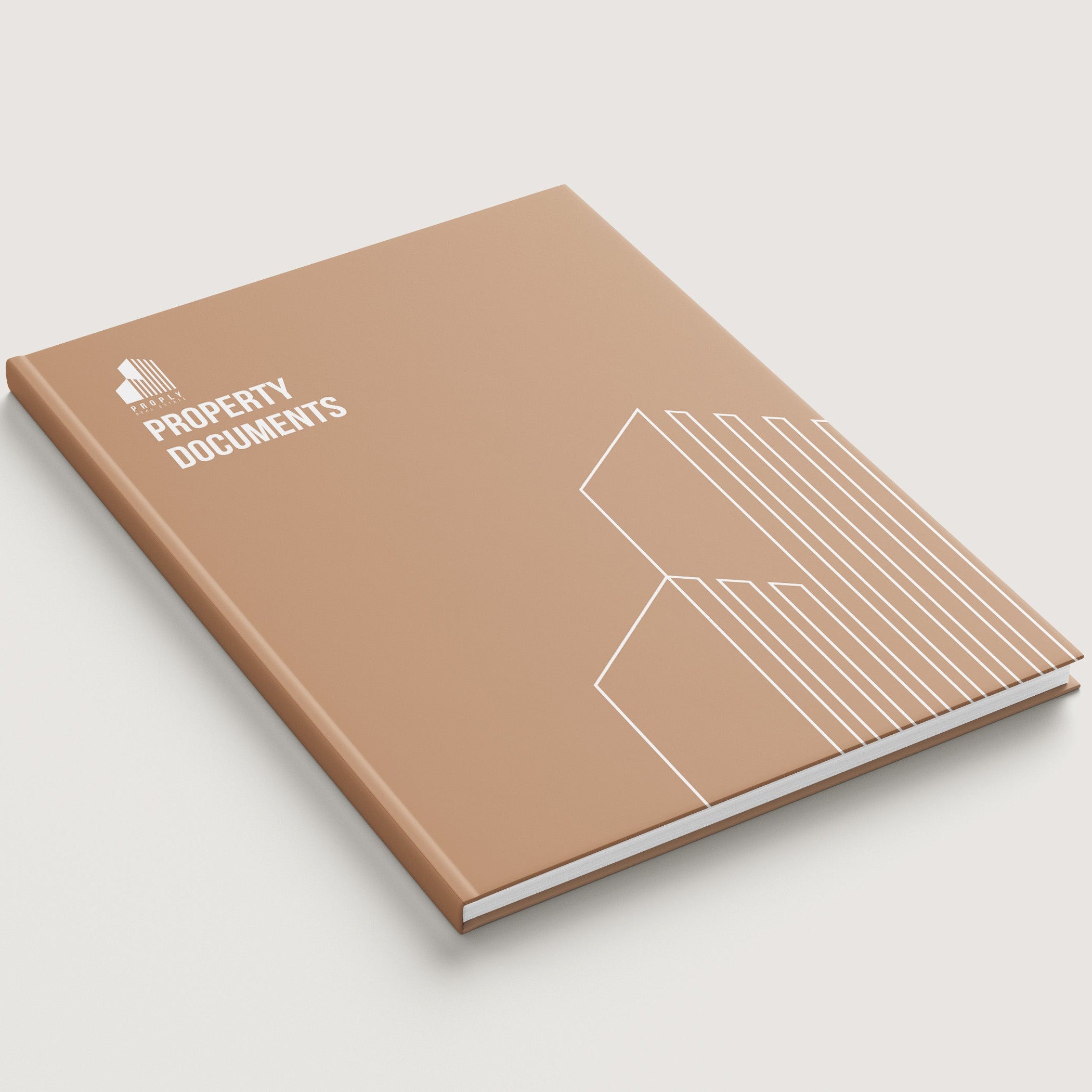 Custom hardcover book with Property Documents text and geometric building line design for real estate files reports and client presentations