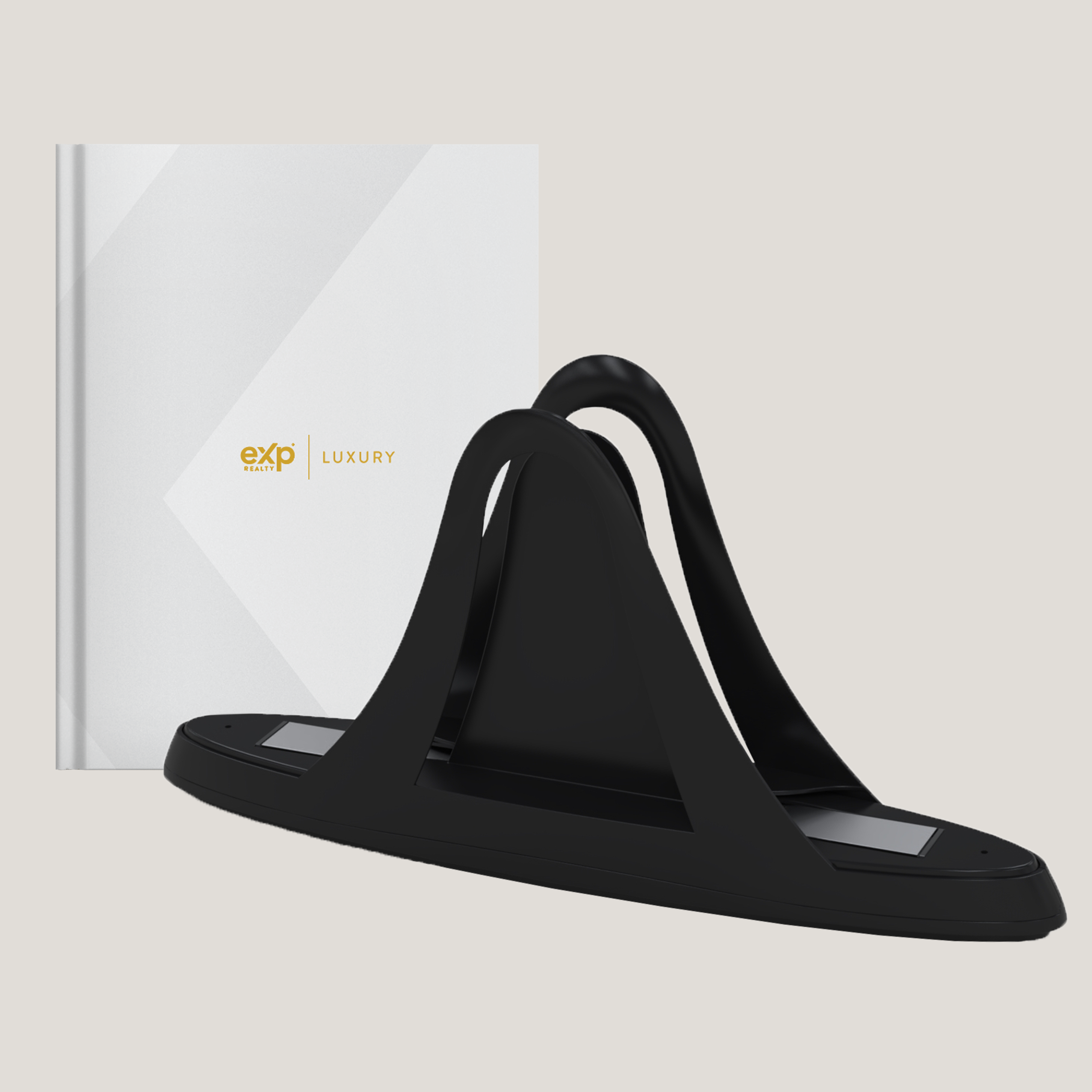 Black sandal with a white box featuring 'exp' logo on a light gray background