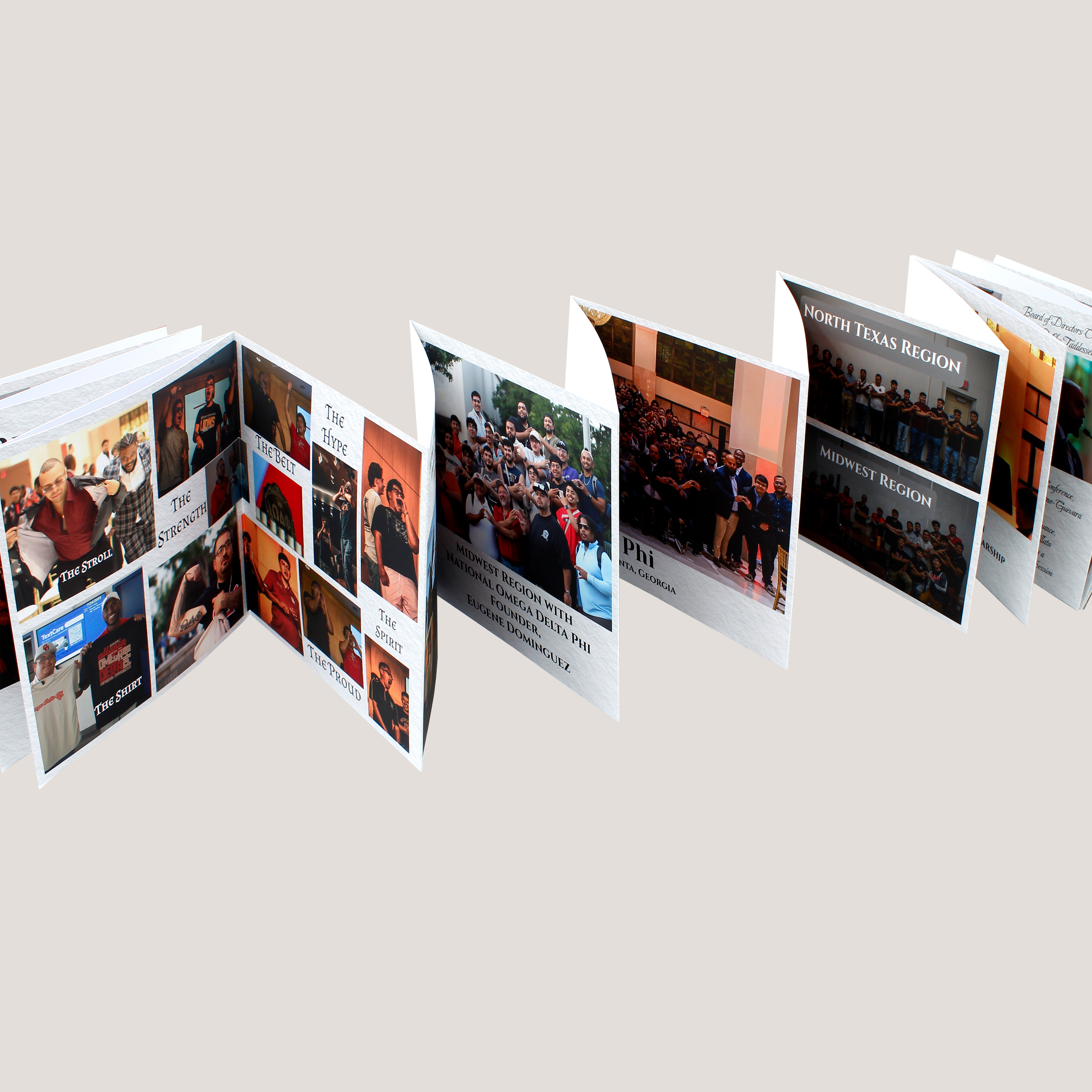 Open book or brochure with multiple pages showing images and text on a light gray background