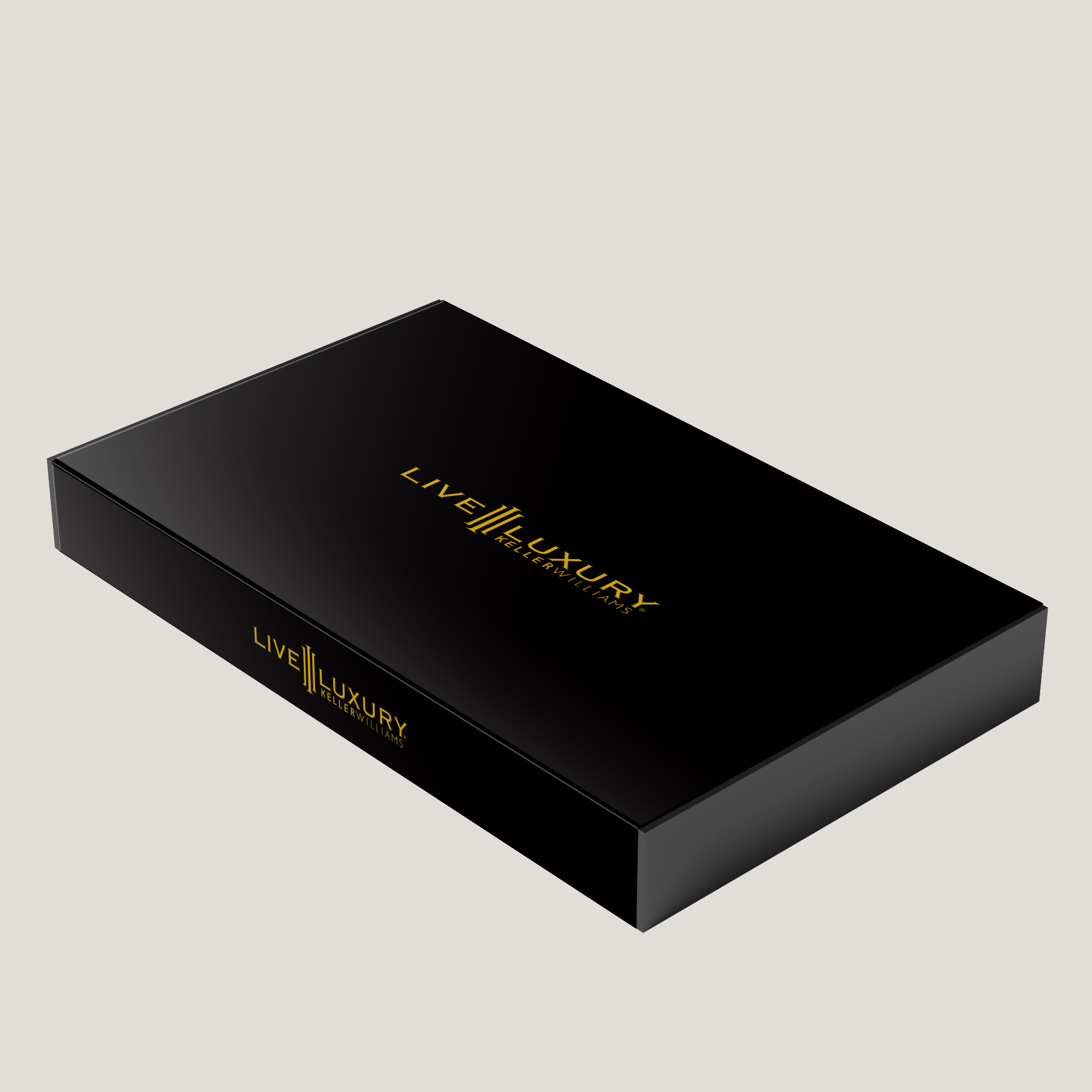 Black box with 'Live Luxury' branding on a light gray background