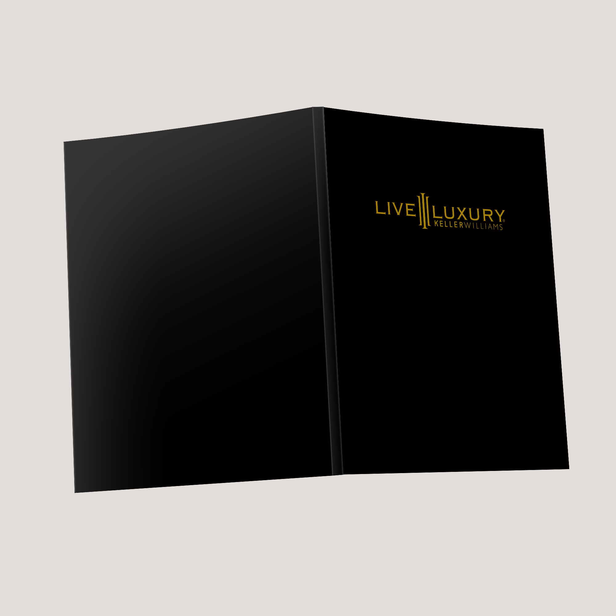Black folder with 'Live Luxury' branding on a light gray background