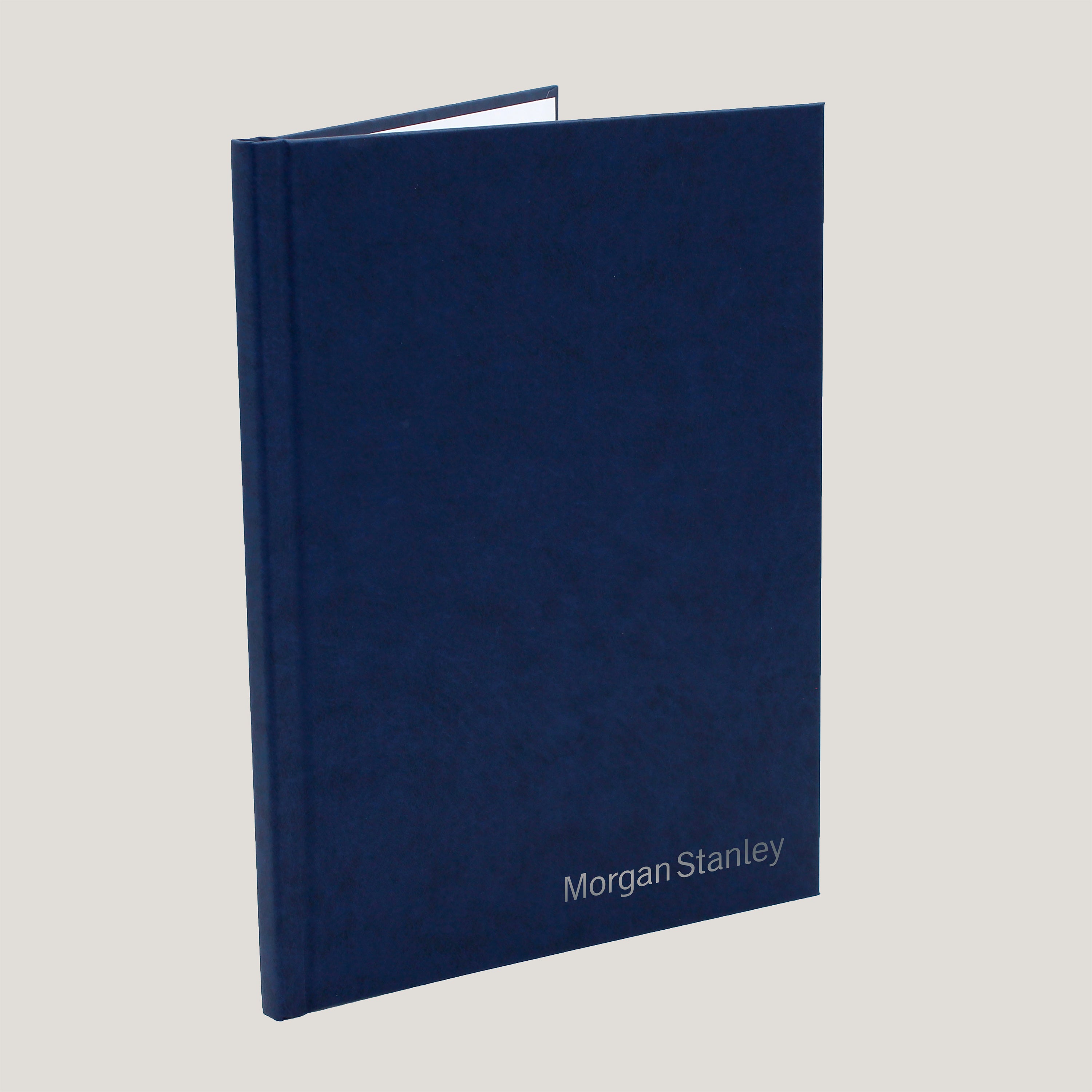 Morgan Stanley custom hardcover presentation book by Peleman with branded logo and professional lay flat binding
