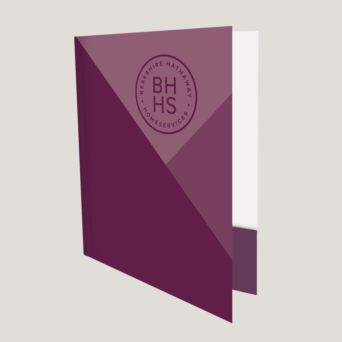 Open BHHS Cabernet Lay Flat Pocket Folder with interior pockets for holding listing presentations and