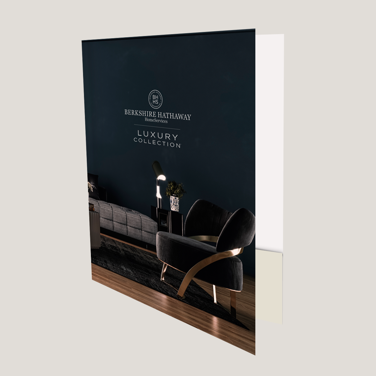 Open BHHS Luxury Living Lay Flat Pocket Folder with inside pockets for real estate listing presentations