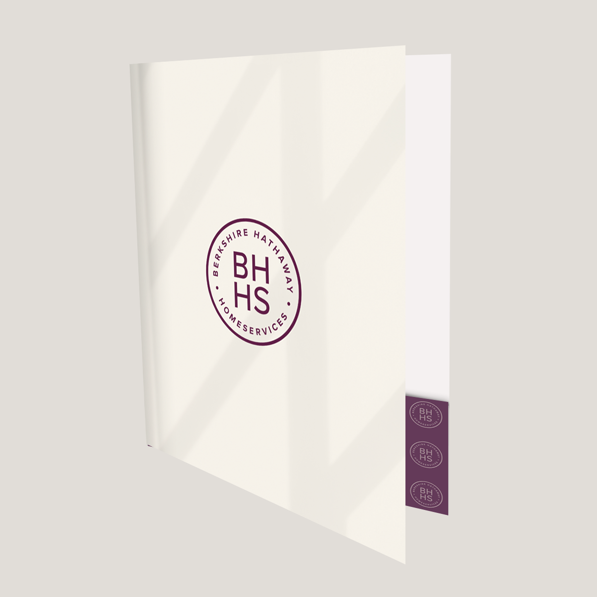 Open BHHS Tan Lay Flat Pocket Folder with dual interior pockets for documents and real estate listing