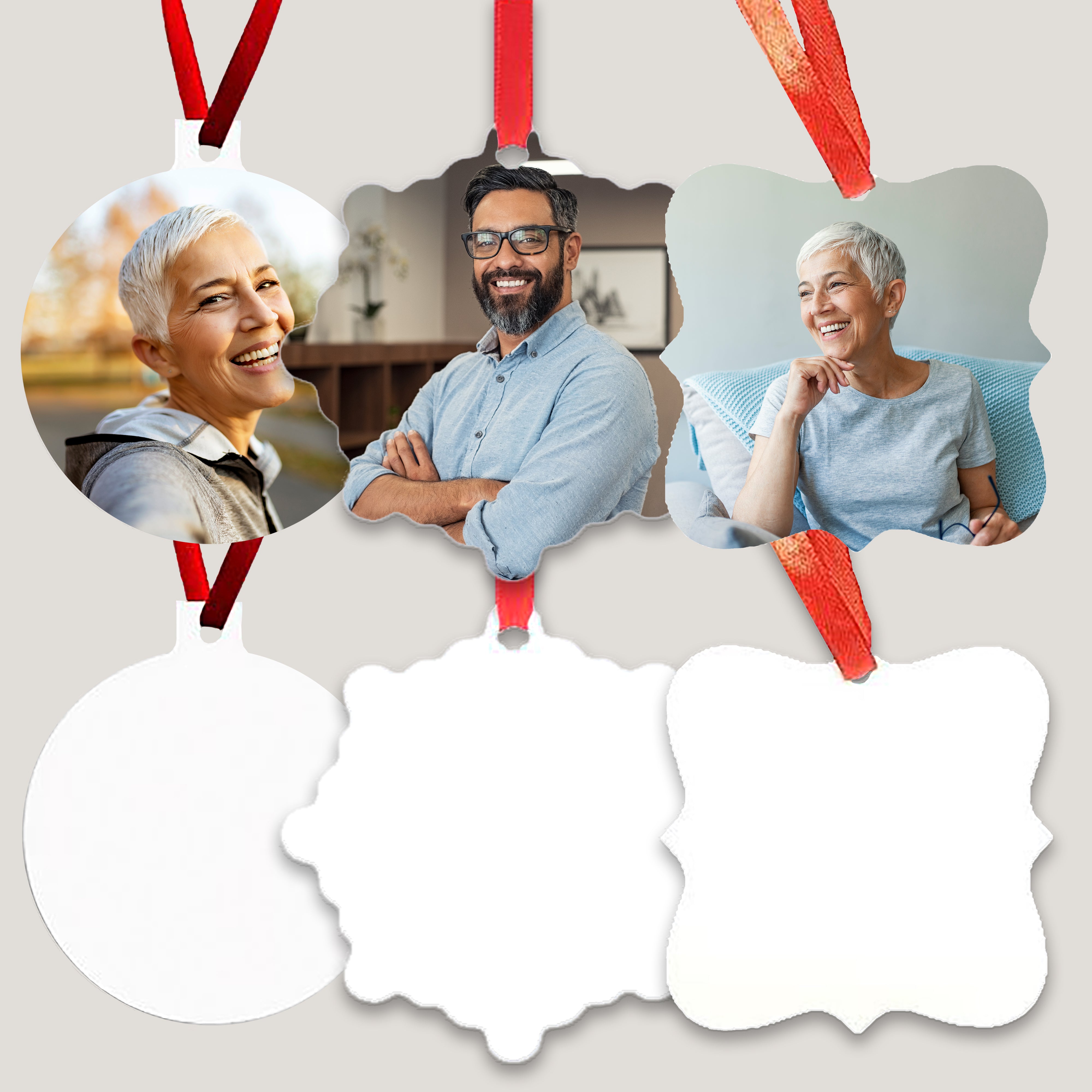 Print In Metal Ornaments 10 pack by Peleman with customizable surface and red hanging ribbon
