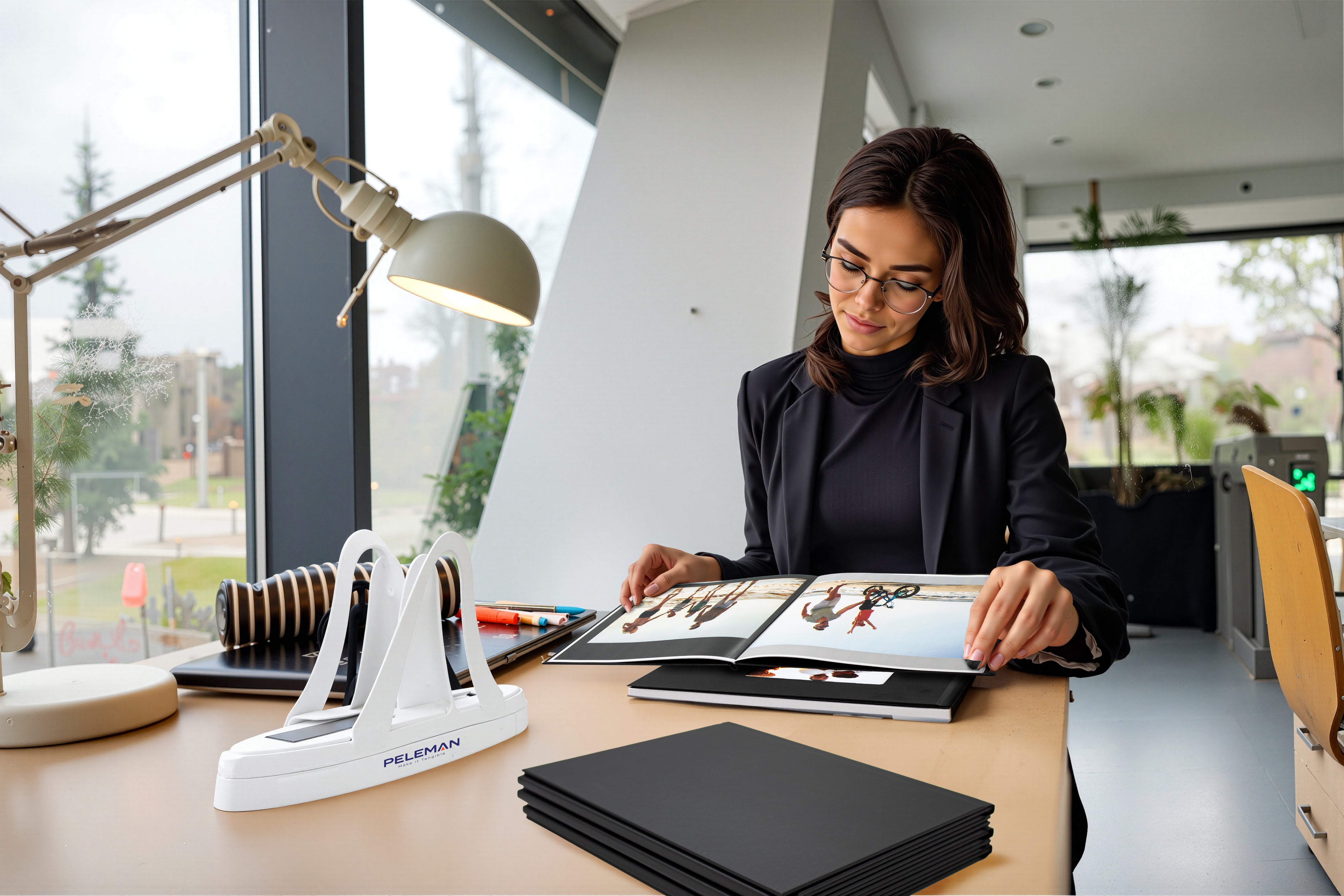 Woman working at a desk with books and stationery in a modern office setting