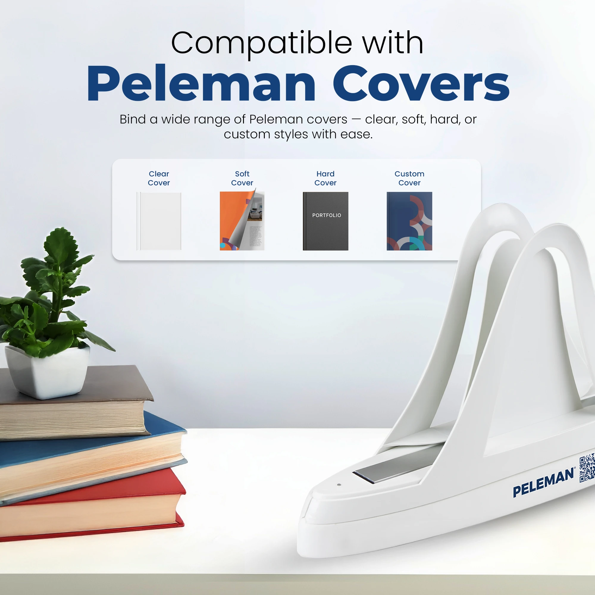 Thermal Binding Machine 60 by Peleman shown on desk compatible with clear covers soft covers hard covers and custom covers for professional document binding