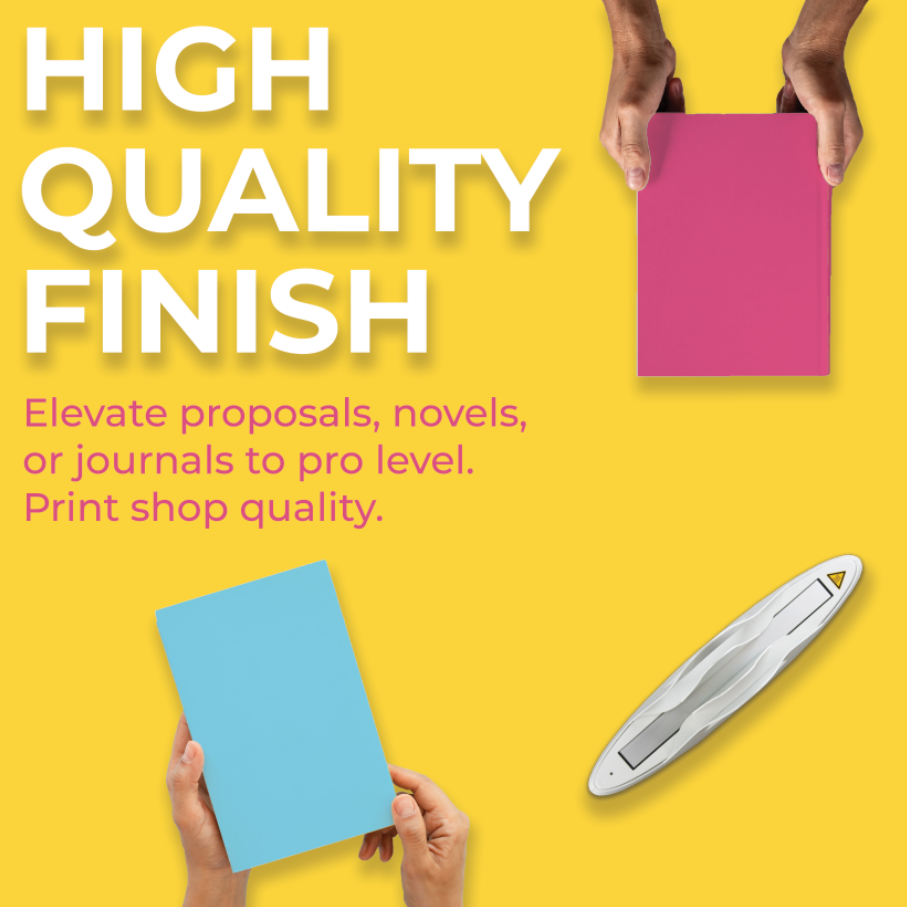 Hands holding colorful hardcover books beside Peleman ProBind Luxe Thermal Binding Machine, showcasing professional high-quality book finish.