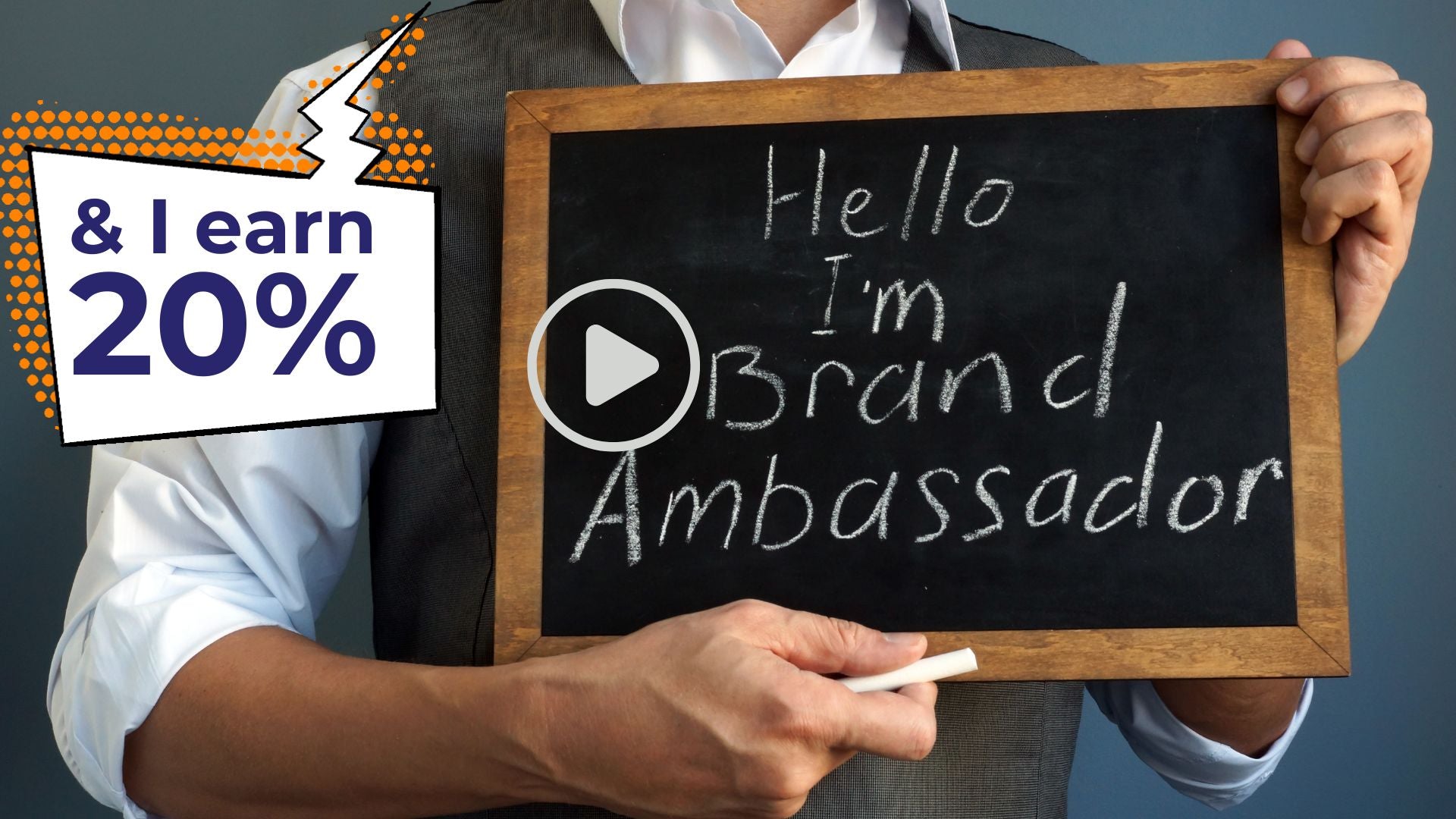 Load video: Peleman brand ambassador video – person holding chalkboard sign reading ‘Hello I’m Brand Ambassador’ with text overlay ‘& I earn 20%’ promoting ambassador referral program.