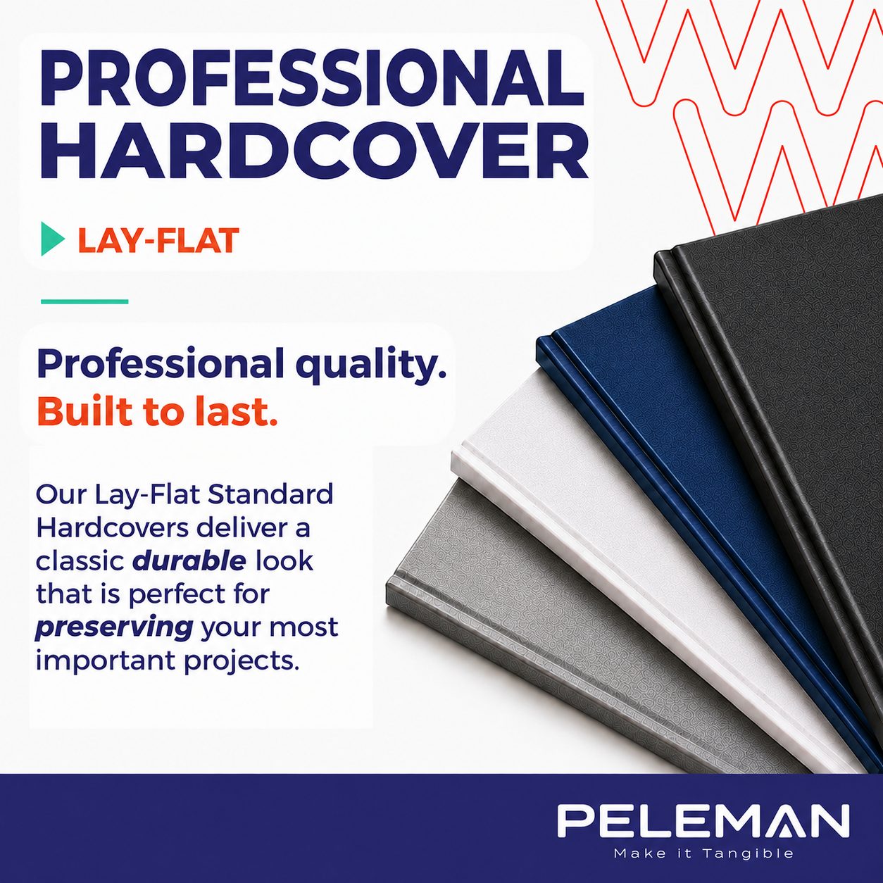 Promotional graphic for Peleman Lay-Flat Standard Hardcovers showing several slim hardcover notebooks stacked diagonally in black, white, and navy blue. The left side features promotional text reading 'PROFESSIONAL HARDCOVER' and 'LAY-FLAT' on a white background with a dark blue footer containing the 'PELEMAN' brand logo.