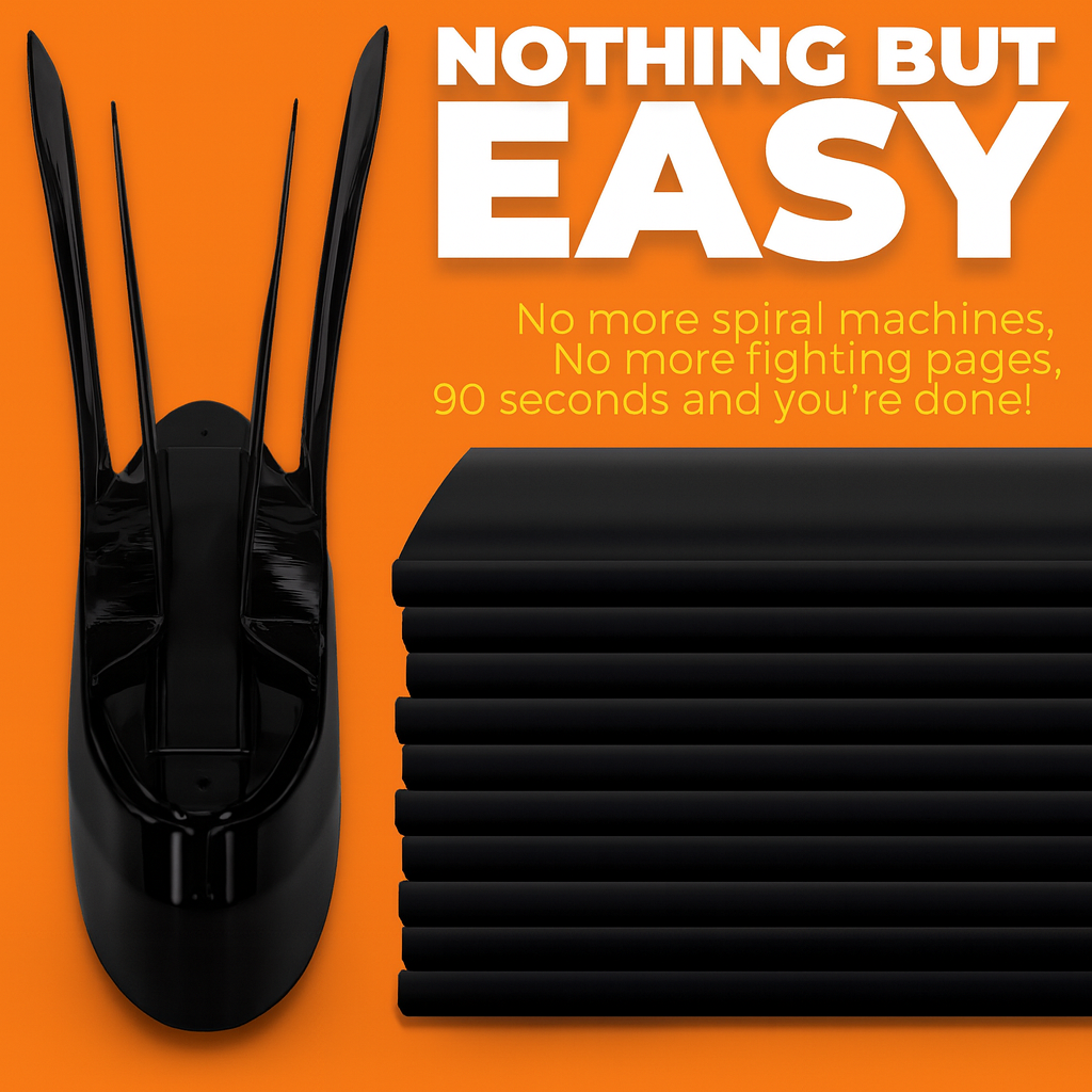 Thermal binding machine with stacked black hardcovers on orange background