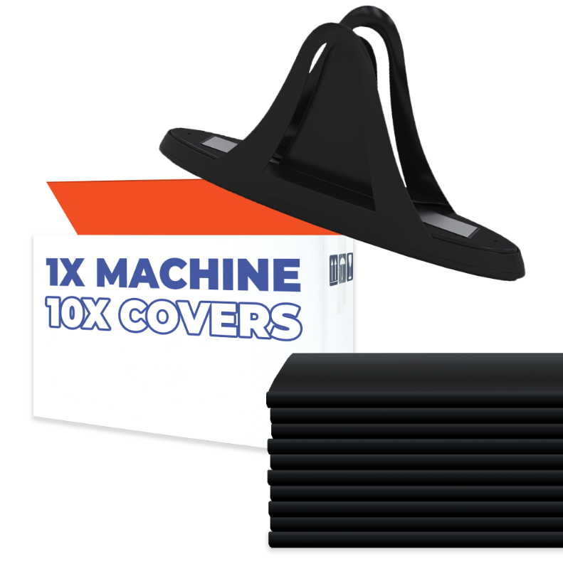Black machine and covers with packaging on a white background