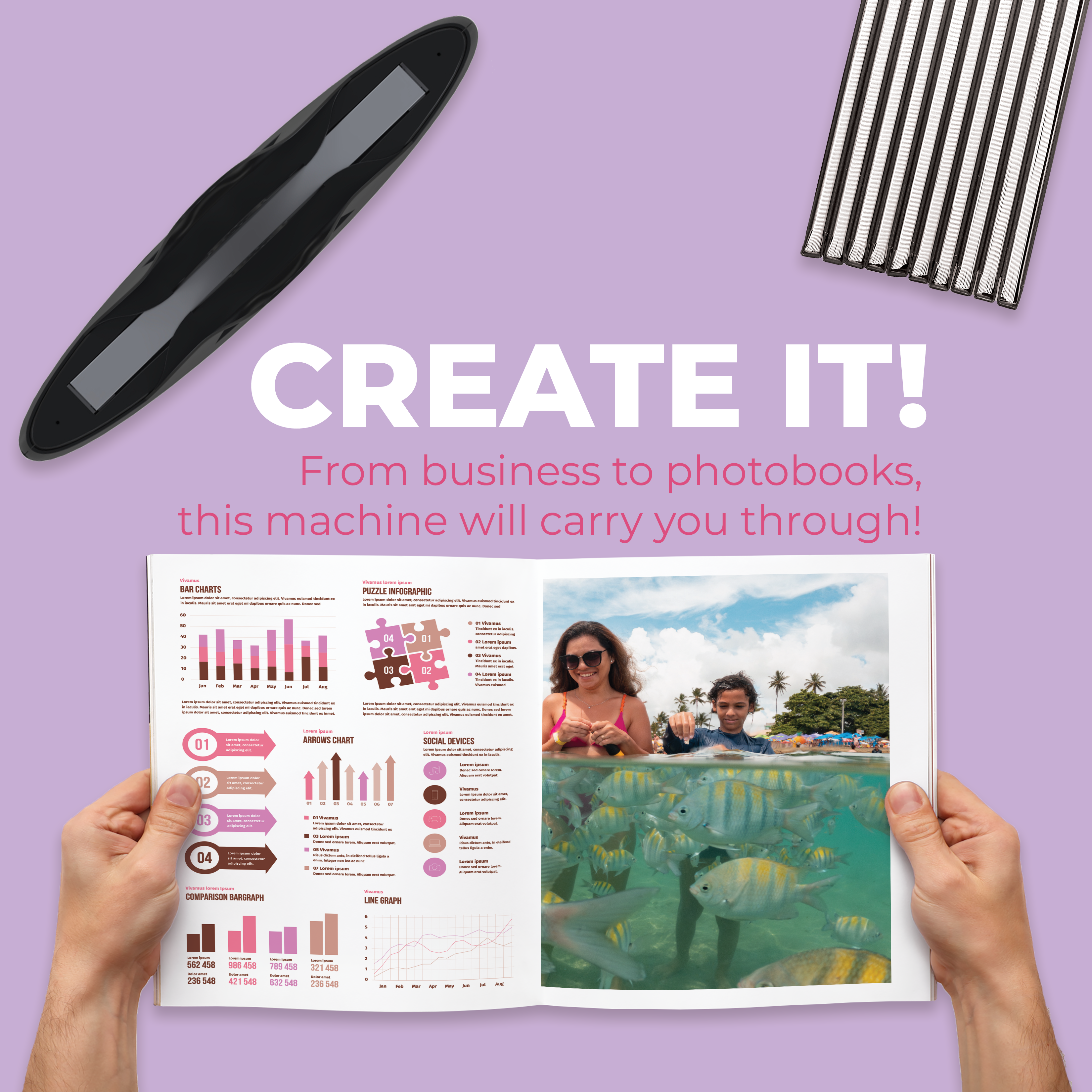 Person holding a photobook with text 'CREATE IT! From business to photobooks, this machine will carry you through!' on a purple background.