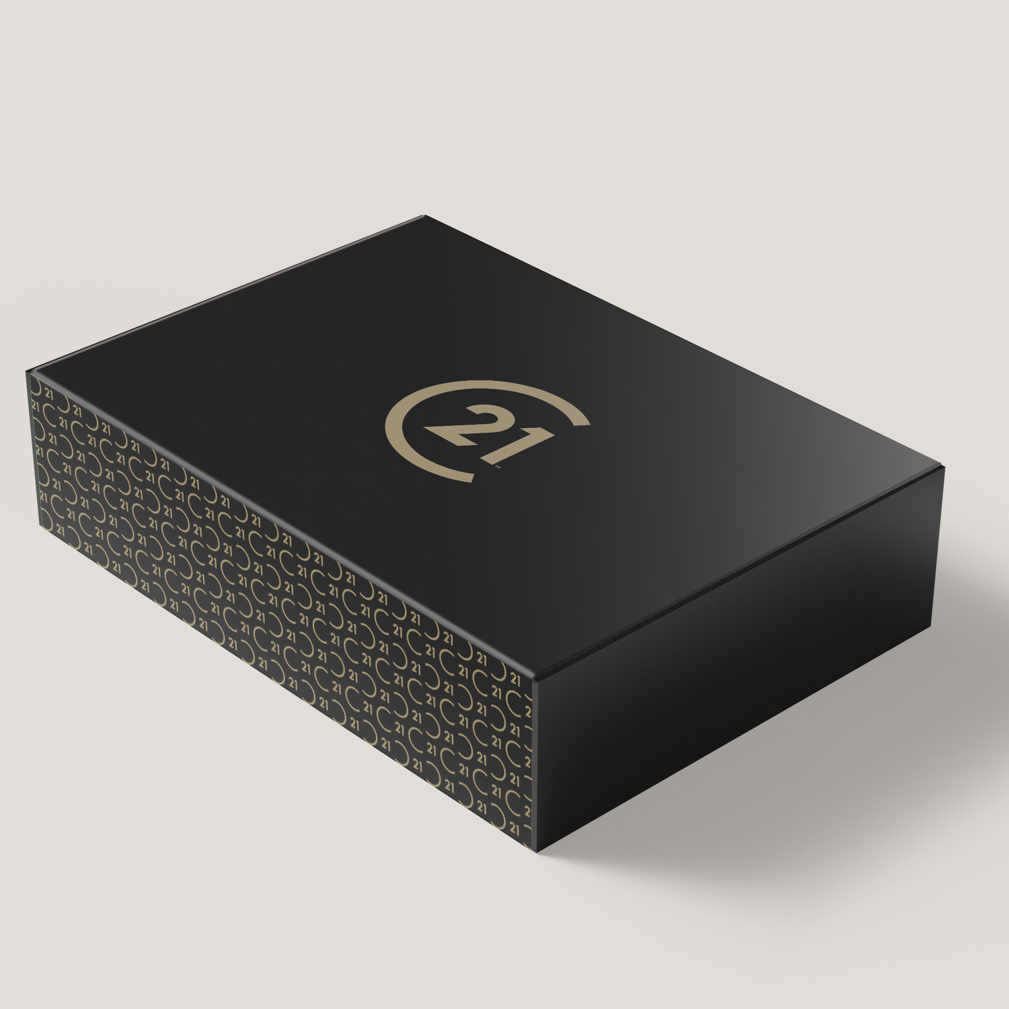 A black gift box with a gold pattern and the number 21 written on it, indicating a luxury weight and sturdy construction with magnetic closure.