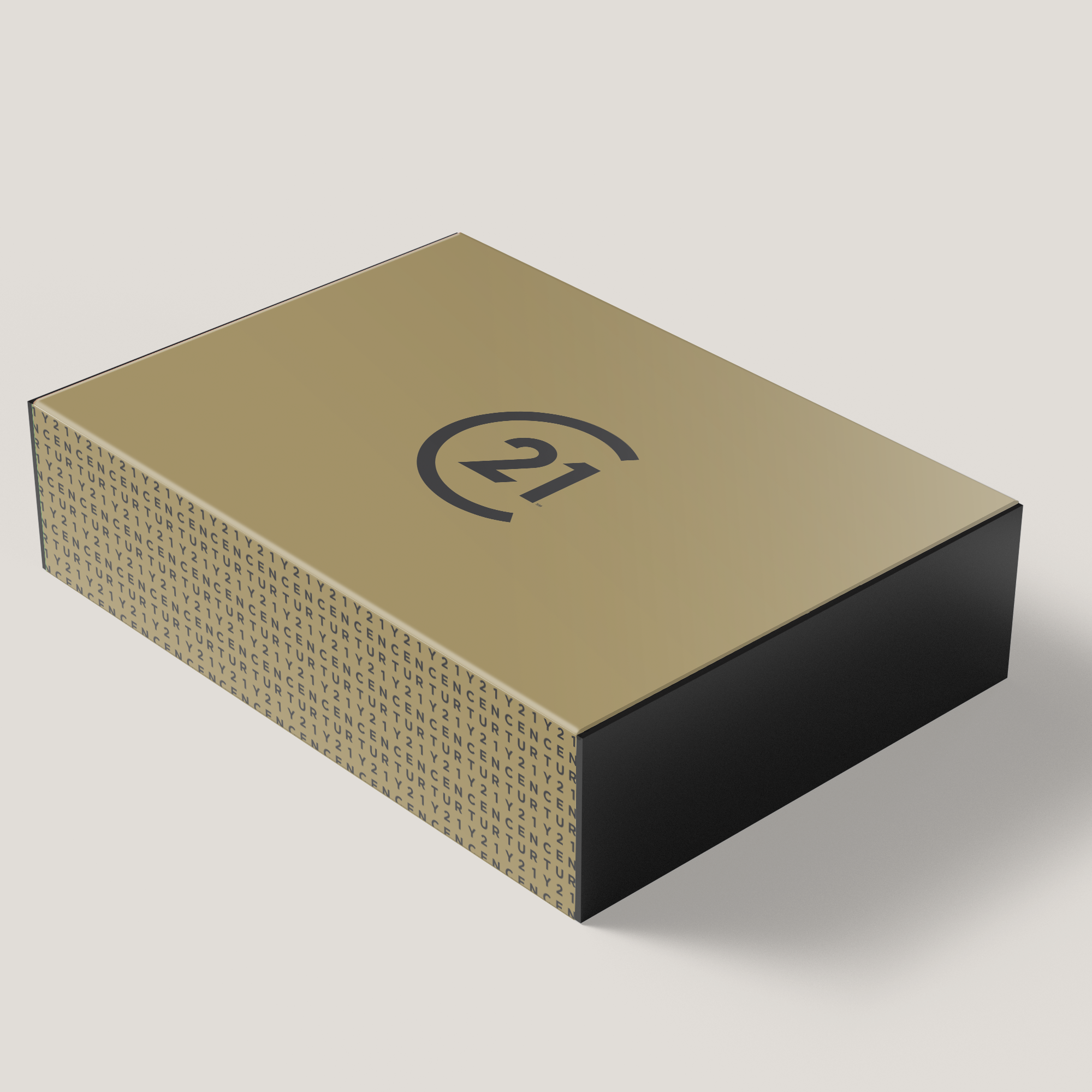 A gold-colored rectangular gift box with the number 21 printed on the lid, indicating it might be for a 21st birthday or anniversary.