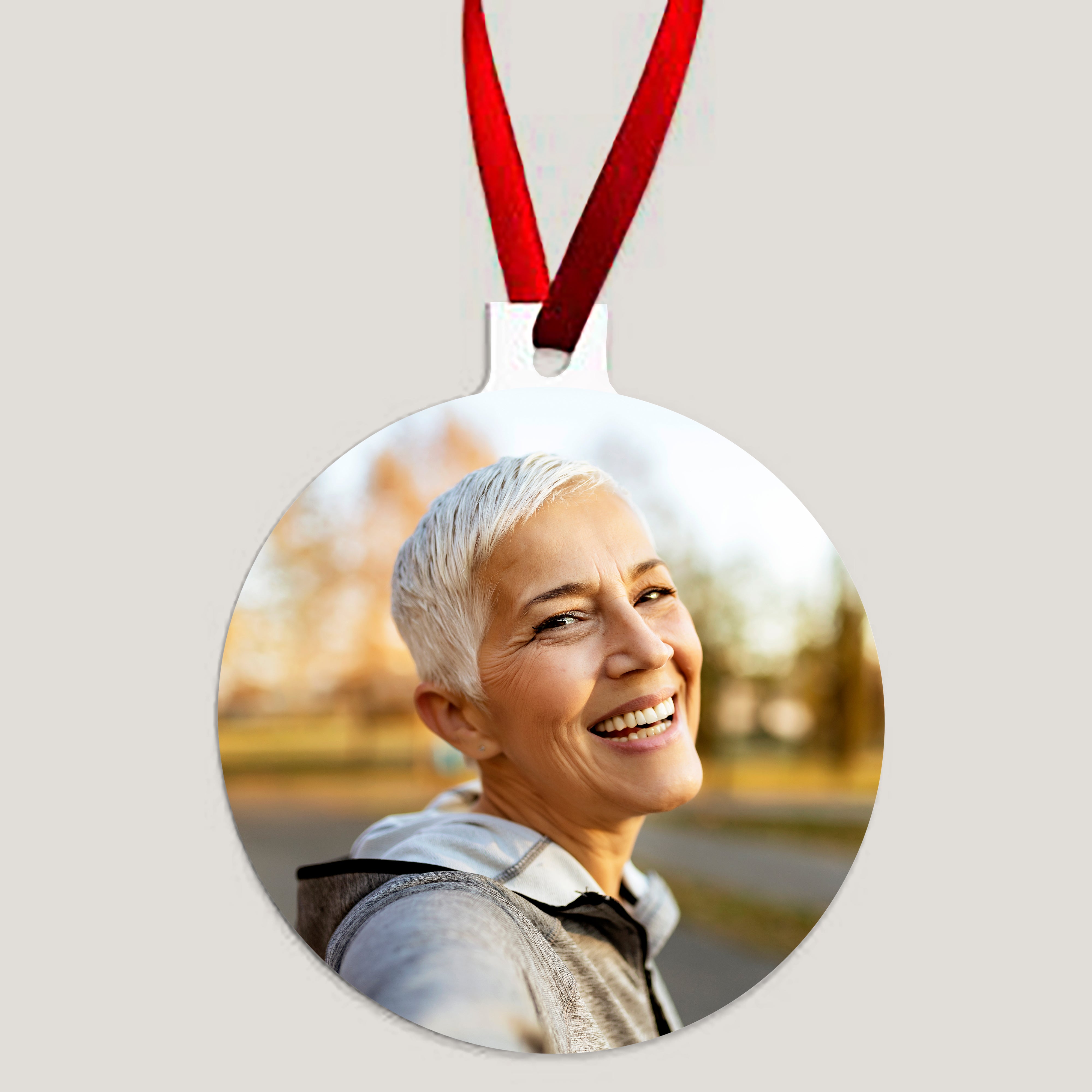 Customizable Ball Metal Ornament with glossy white finish and red ribbon – double-sided 3x3 inch Christmas ornament by Peleman