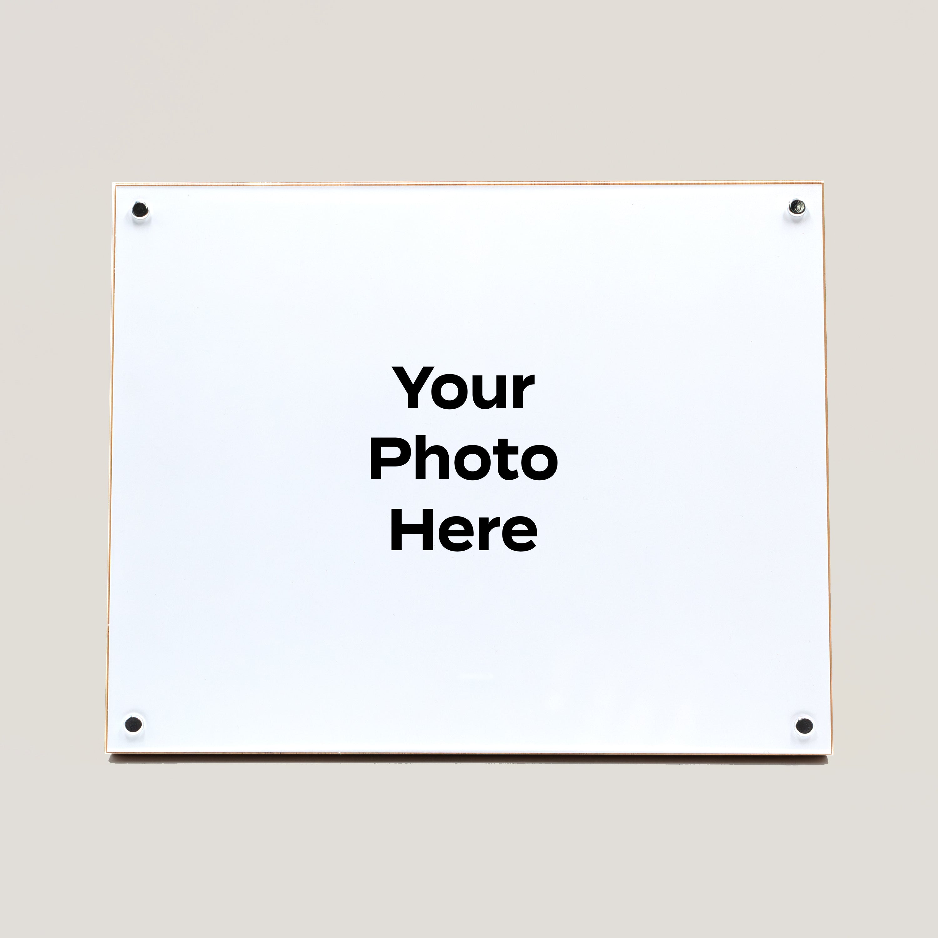 Customizable Resin Premium Bamboo Panel with acrylic cover and four corner pegs displaying placeholder text your photo here for personalized photo display