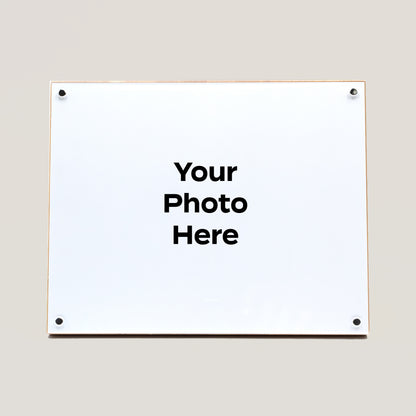 Customizable Resin Premium Bamboo Panel with acrylic cover and four corner pegs displaying placeholder text your photo here for personalized photo display