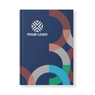 A custom presentation cover with a geometric pattern and a placeholder for a logo, in a hardcover book format.
