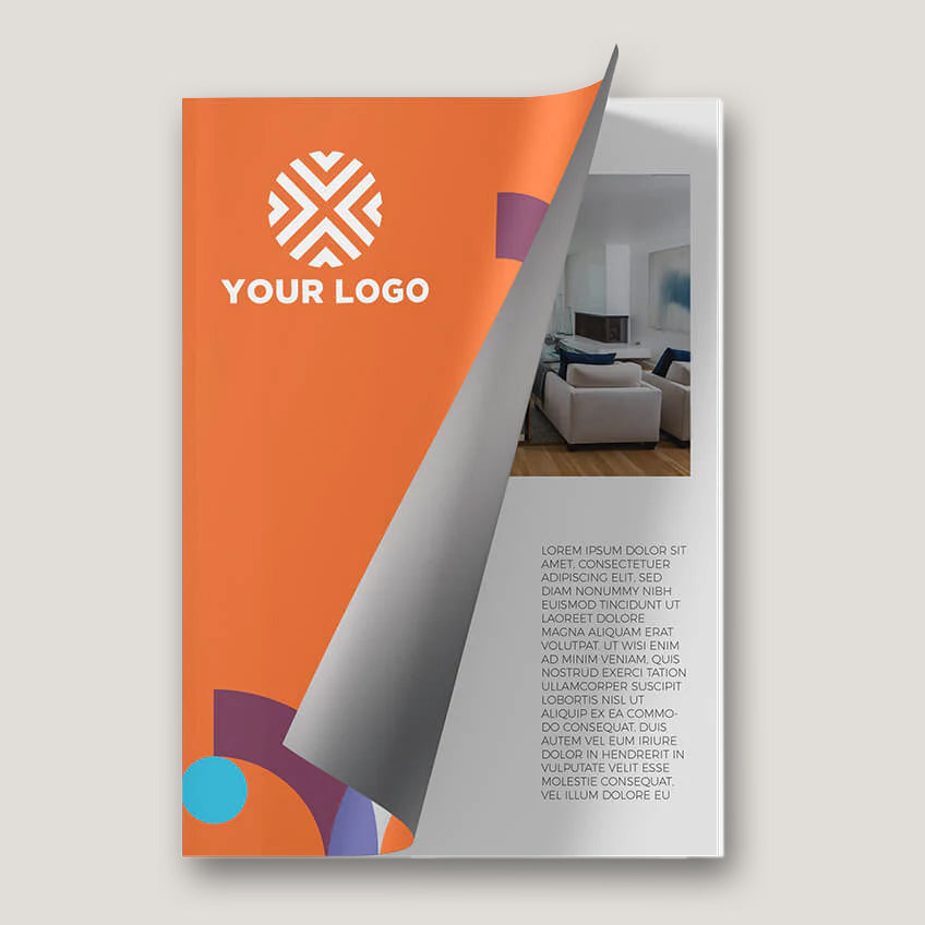 Full color custom lay flat hardcover with placeholder logo and design template showing personalized branding option for corporate presentations photobooks and reports