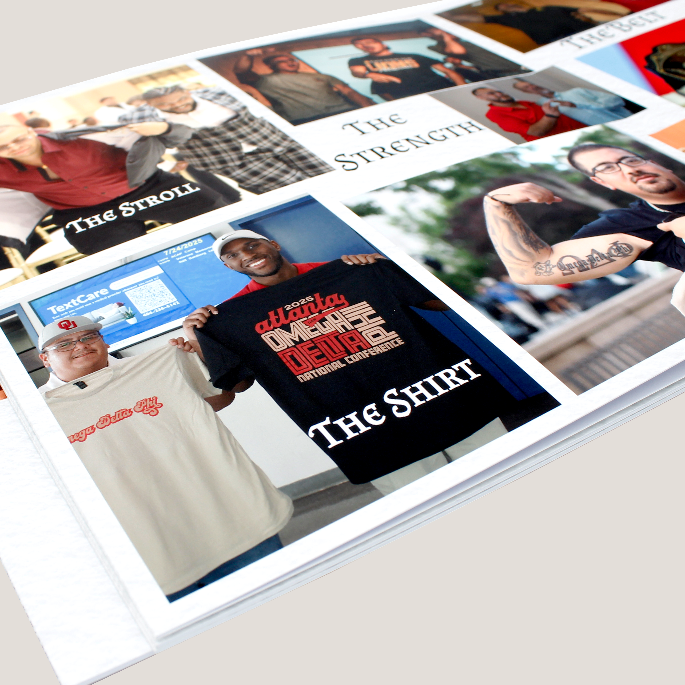 Collection of t-shirts with various designs and text on a light gray surface.