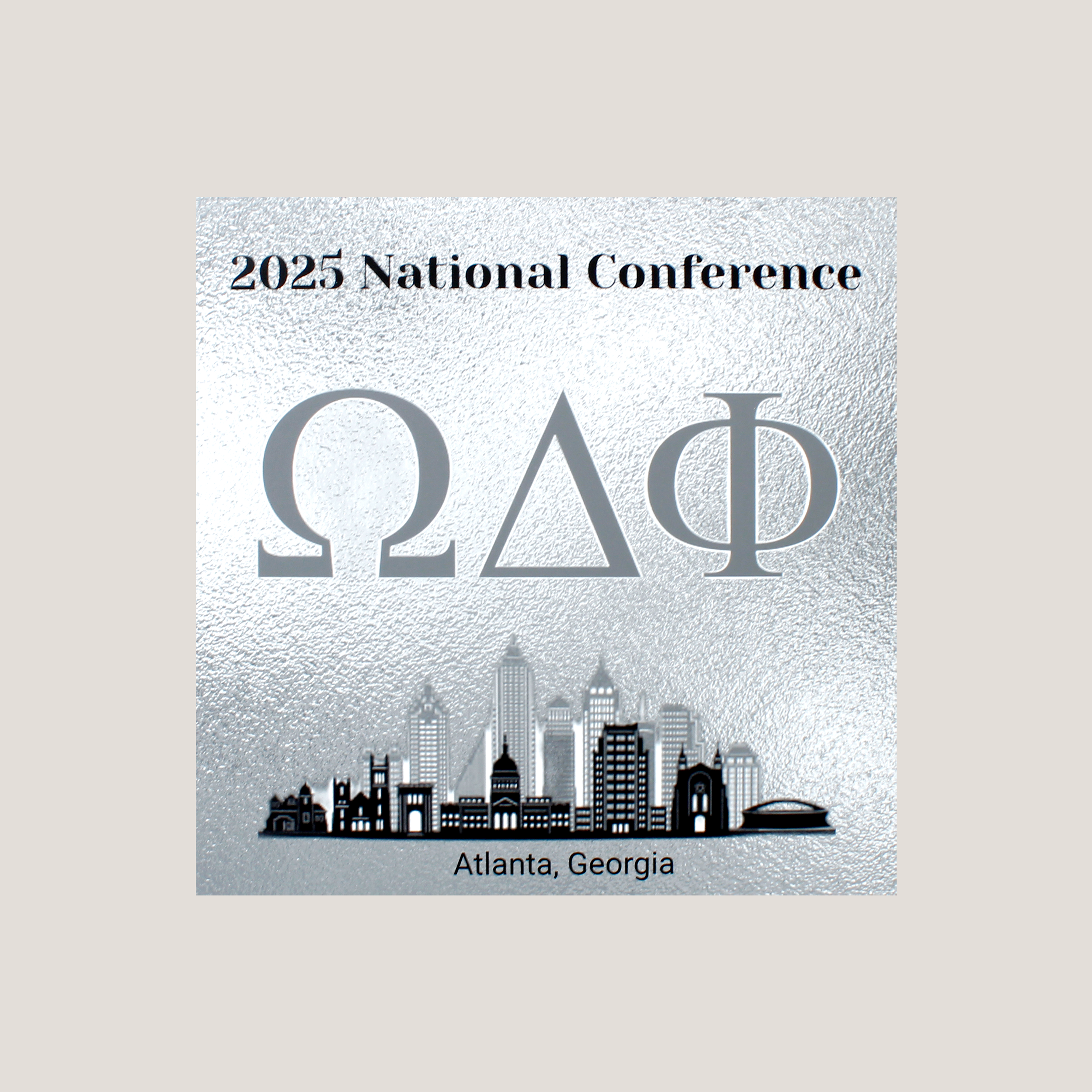 Promotional graphic for 2025 National Conference of ΩΔΦ with city skyline silhouette on a light gray background