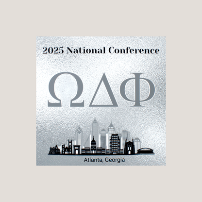 Promotional graphic for 2025 National Conference of ΩΔΦ with city skyline silhouette on a light gray background