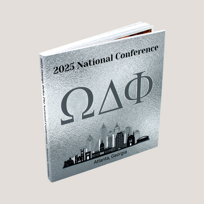 Book with '2025 National Conference' and Omega Delta Phi symbols on a gray background