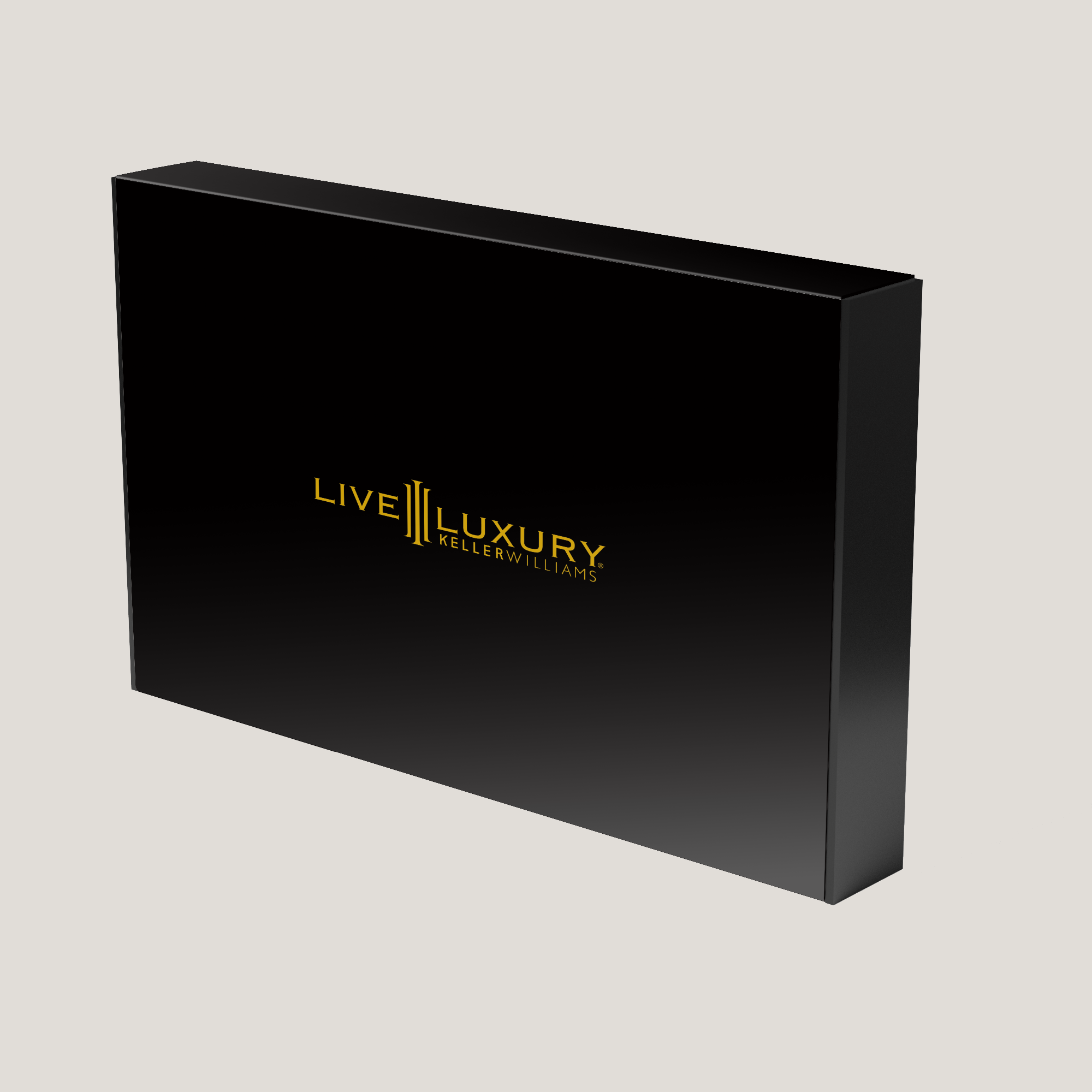 Black box with 'Live Luxury' logo on a light gray background