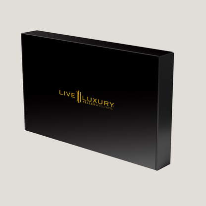Black box with 'Live Luxury' logo on a light gray background
