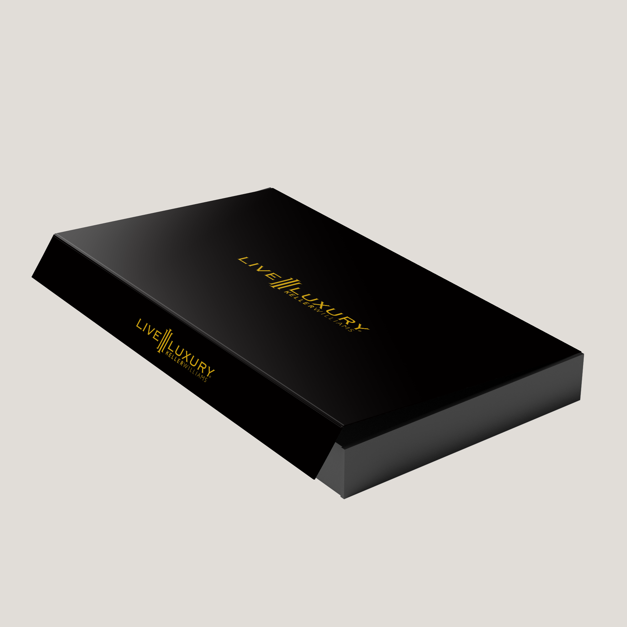 Black box with 'KW Live Luxury' branding on a light gray background