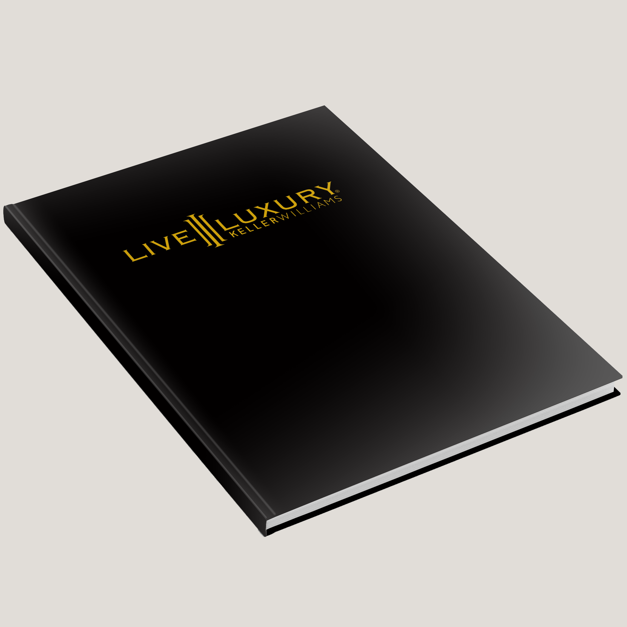 Open black luxury presentation book with gold Live Luxury branding