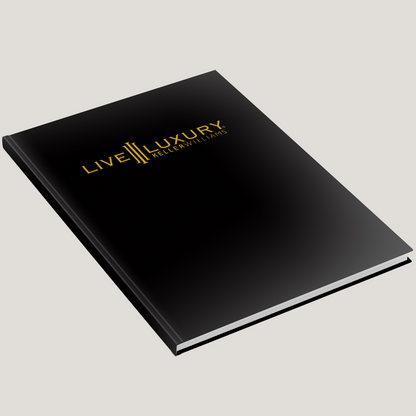 Open black luxury presentation book with gold Live Luxury branding