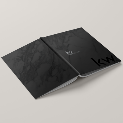 KW Black Marble Bindable Lay Flat Softcover. Luxury marble finish with soft touch design, perfect for professional binding and presentations.