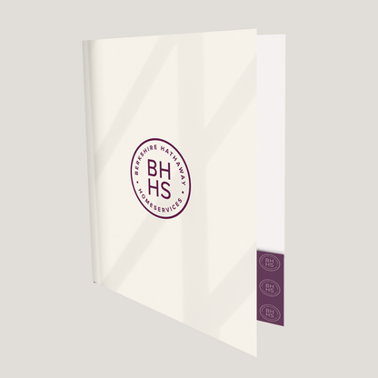 Open BHHS Tan Lay Flat Pocket Folder with dual interior pockets for documents and real estate listing