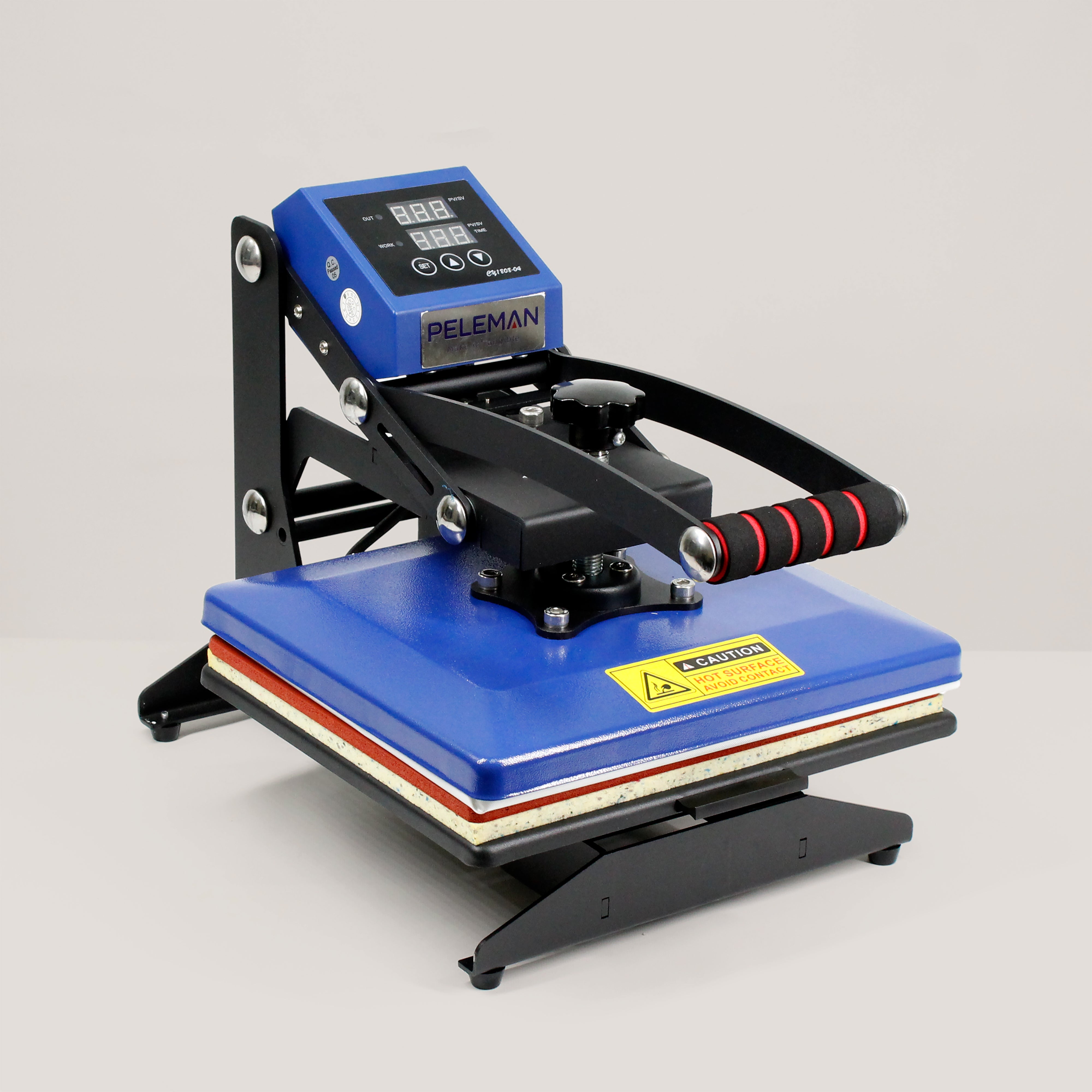 Close up of Peleman Sublimation Print In Heat Press showing textured blue heating plate sturdy black frame and control panel for heat transfer printing
