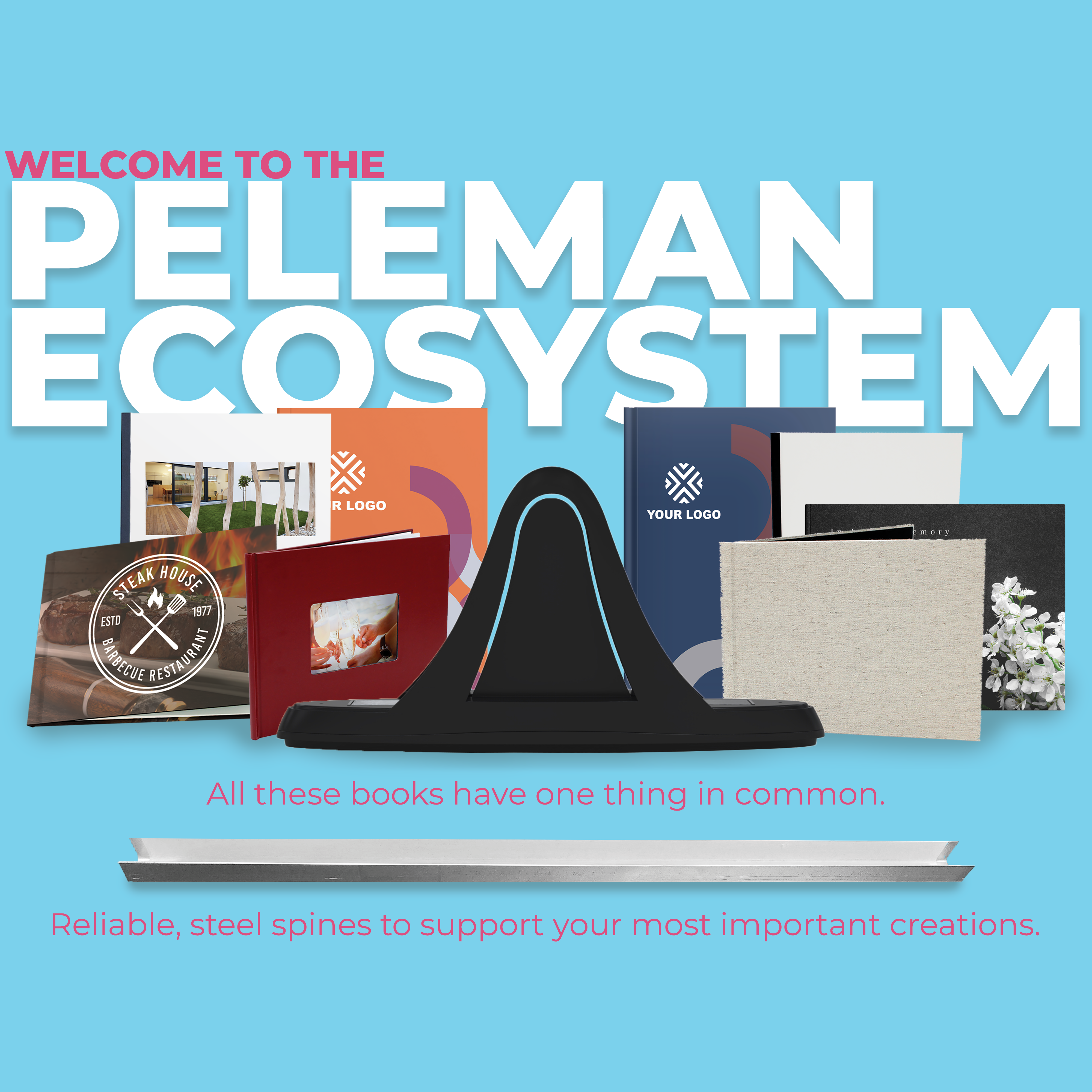 Promotional graphic for Peleman Ecosystem with various books and a stand on a blue background.