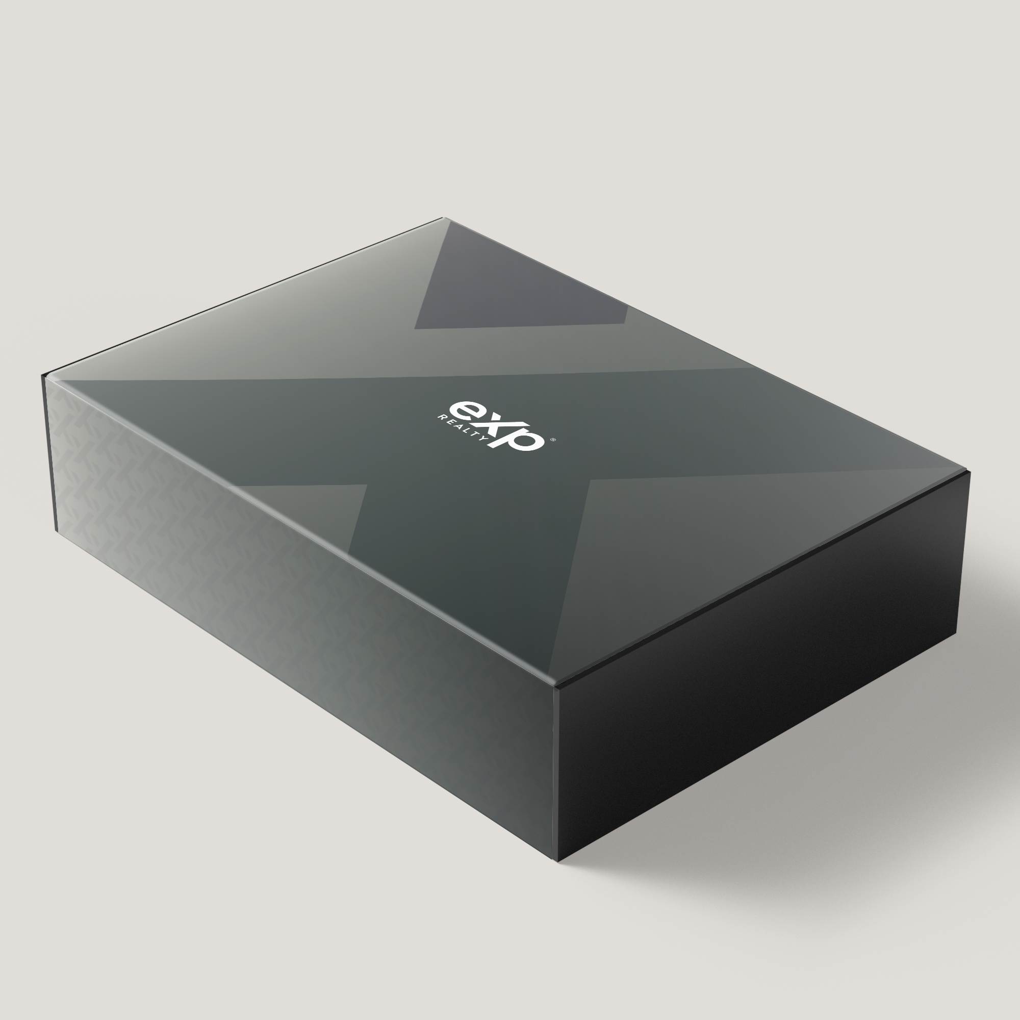 Black rectangular box with 'exp' branding on a light gray background