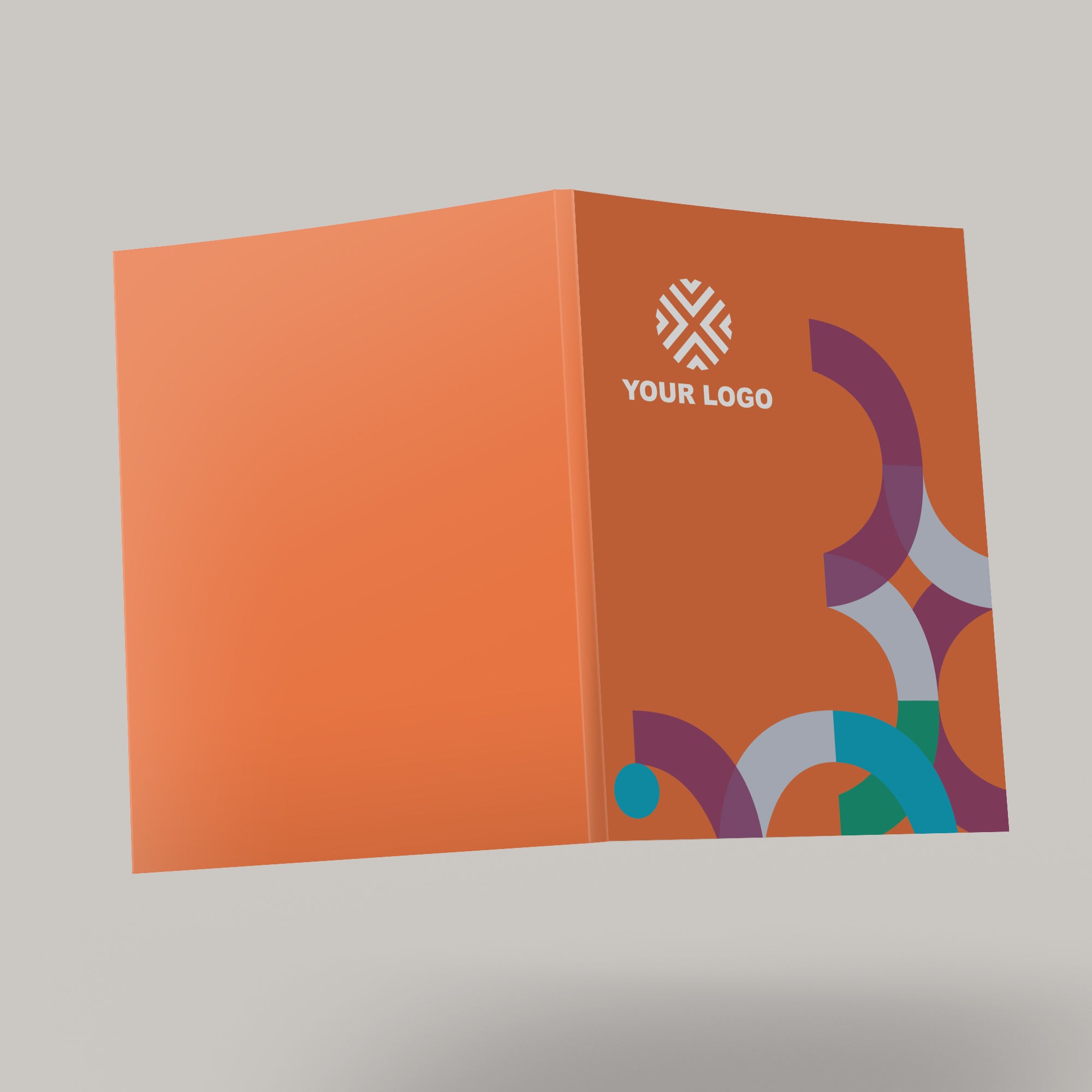customizable orange hardcover book with modern geometric design and placeholder logo showcasing personalized branding options.
