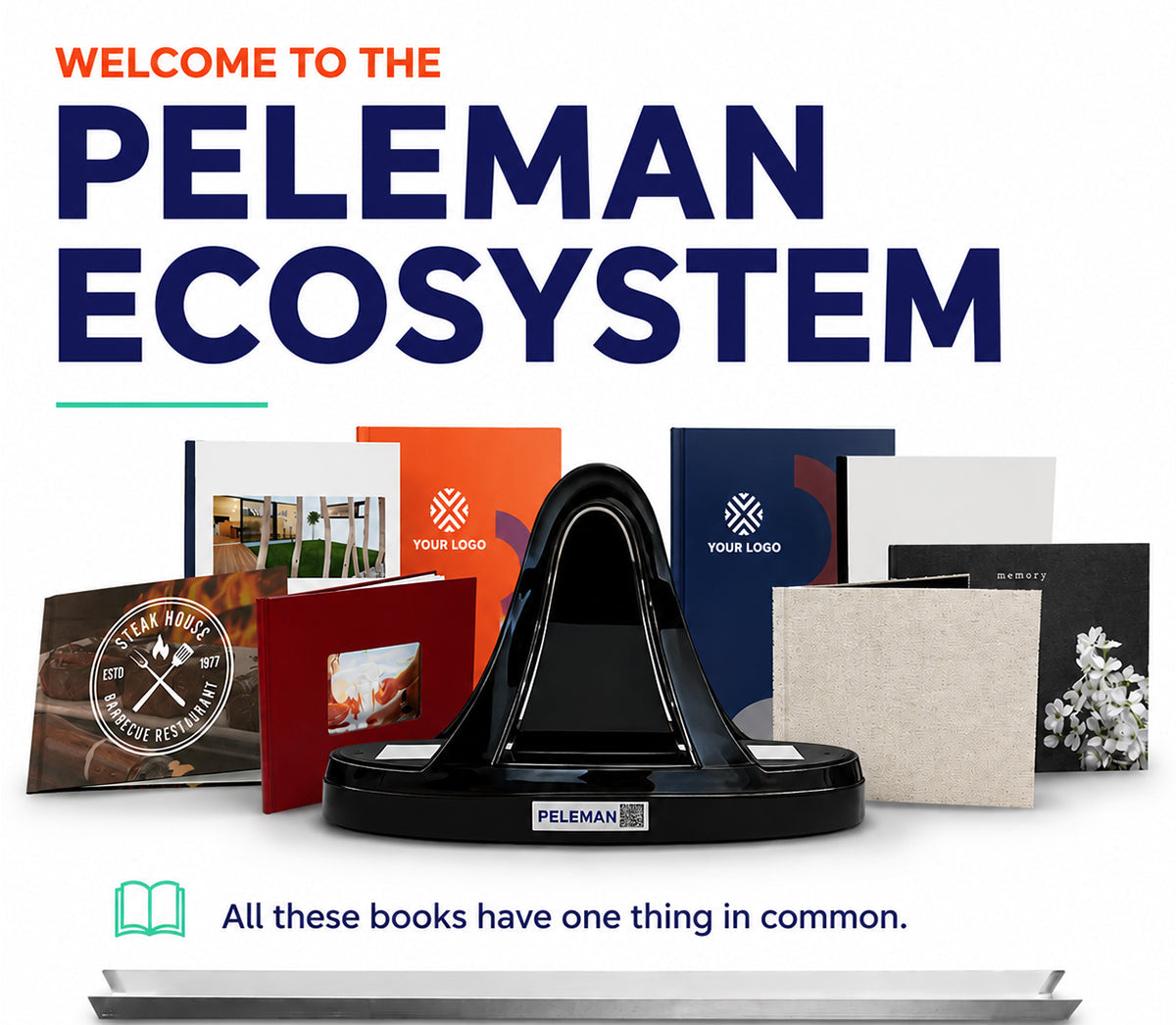 Peleman document finishing ecosystem with thermal binding machine, steel spine covers and finished presentations