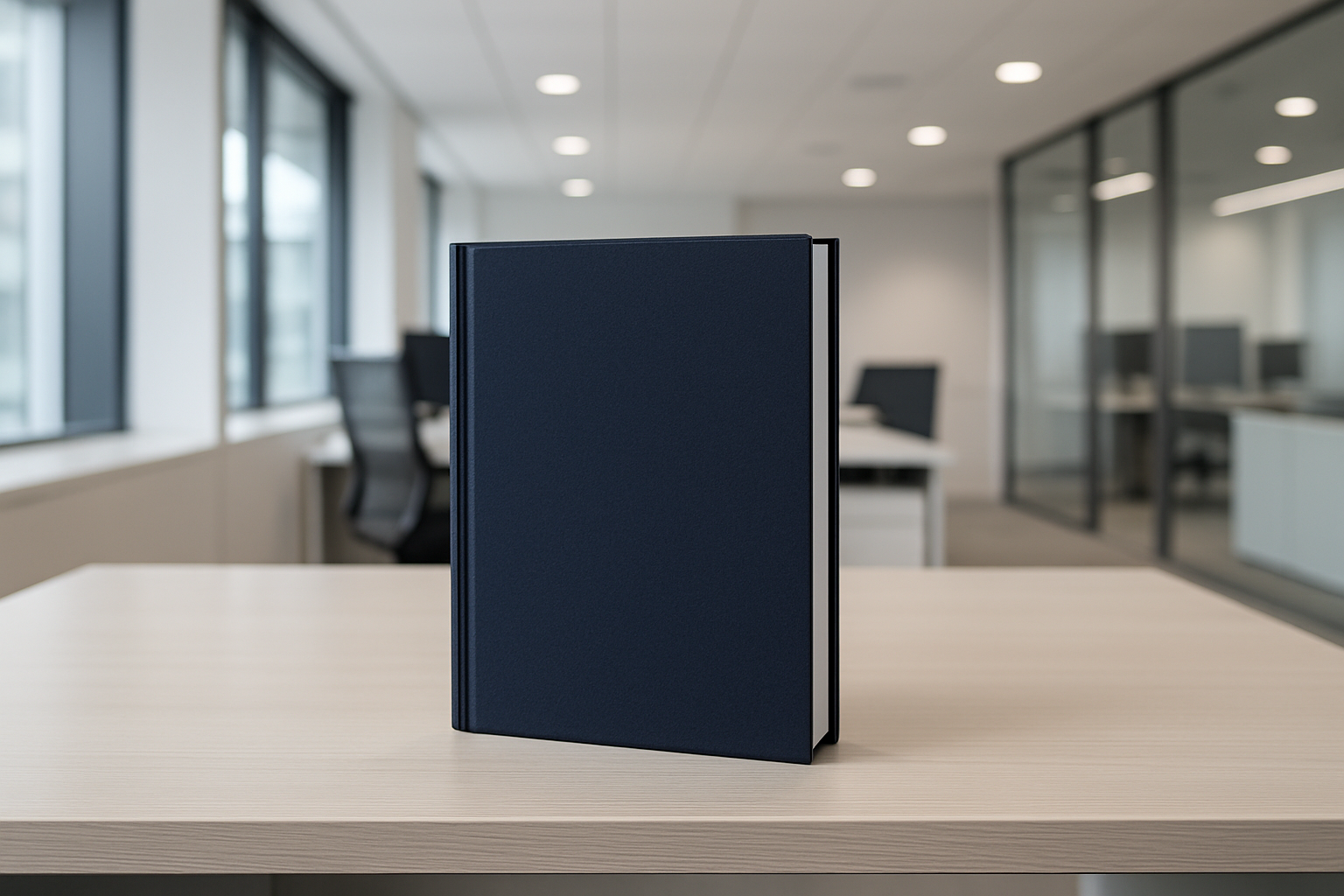 modern looking desk with a dark blue hardcover book on it. in a modern office setting