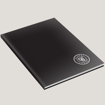 Black hardcover book with Global Luxury logo embossed on the front, displayed at an angle on a light grey background.