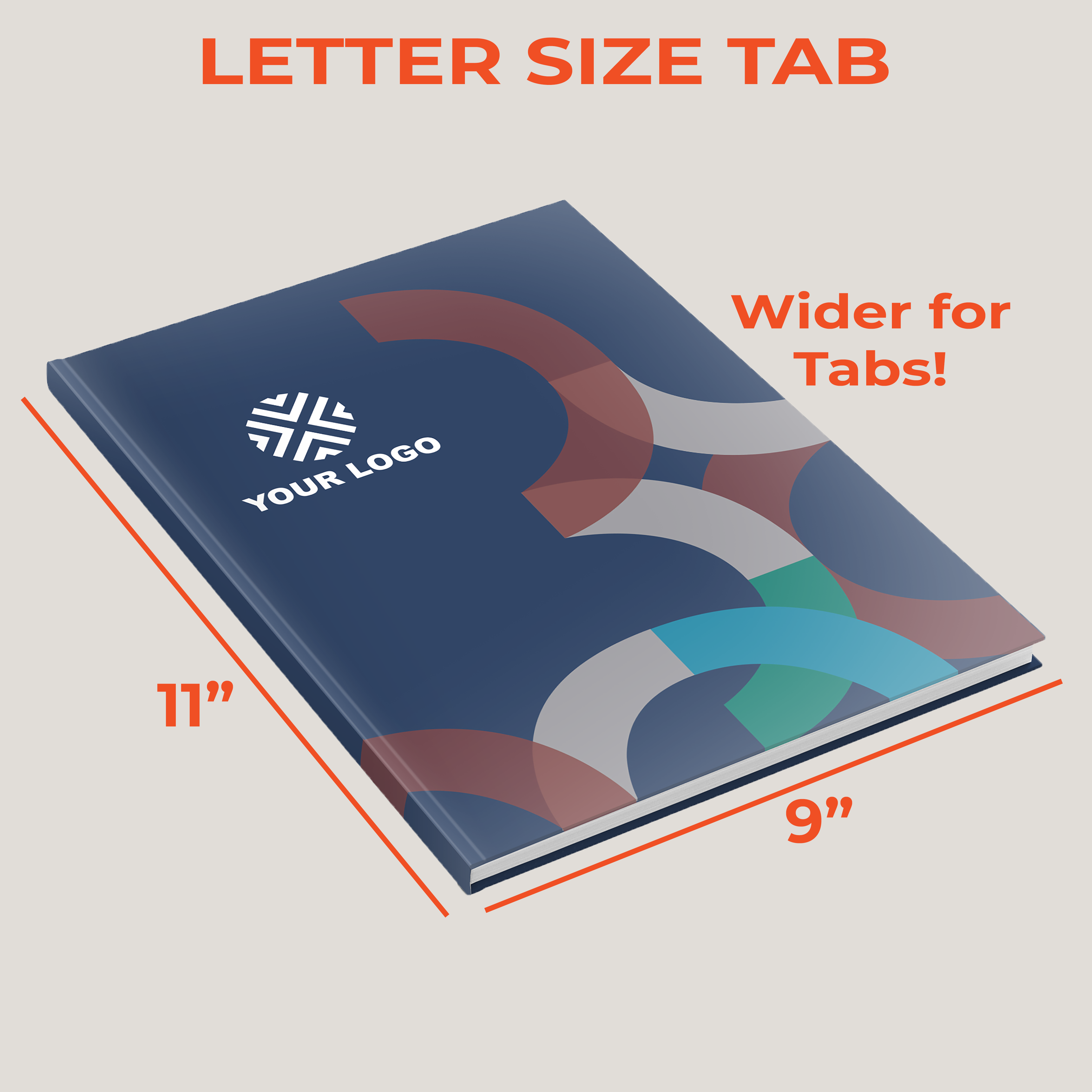 navy customizable hardcover book with geometric design and placeholder logo labeled as 9 by 11 inches showing wider dimensions for tabbed documents.
