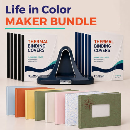 Peleman Life in Color maker bundle with navy thermal binding machine, clear flex binding covers, landscape hardcovers in six colors and floral and compass map travel scrapbook covers, a complete bookbinding kit