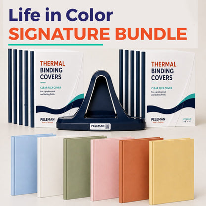 Peleman Life in Color signature bundle with navy thermal binding machine, clear flex binding covers and soft touch hardcovers in blue, white, olive, pink, rust and yellow, a complete scrapbook binding kit
