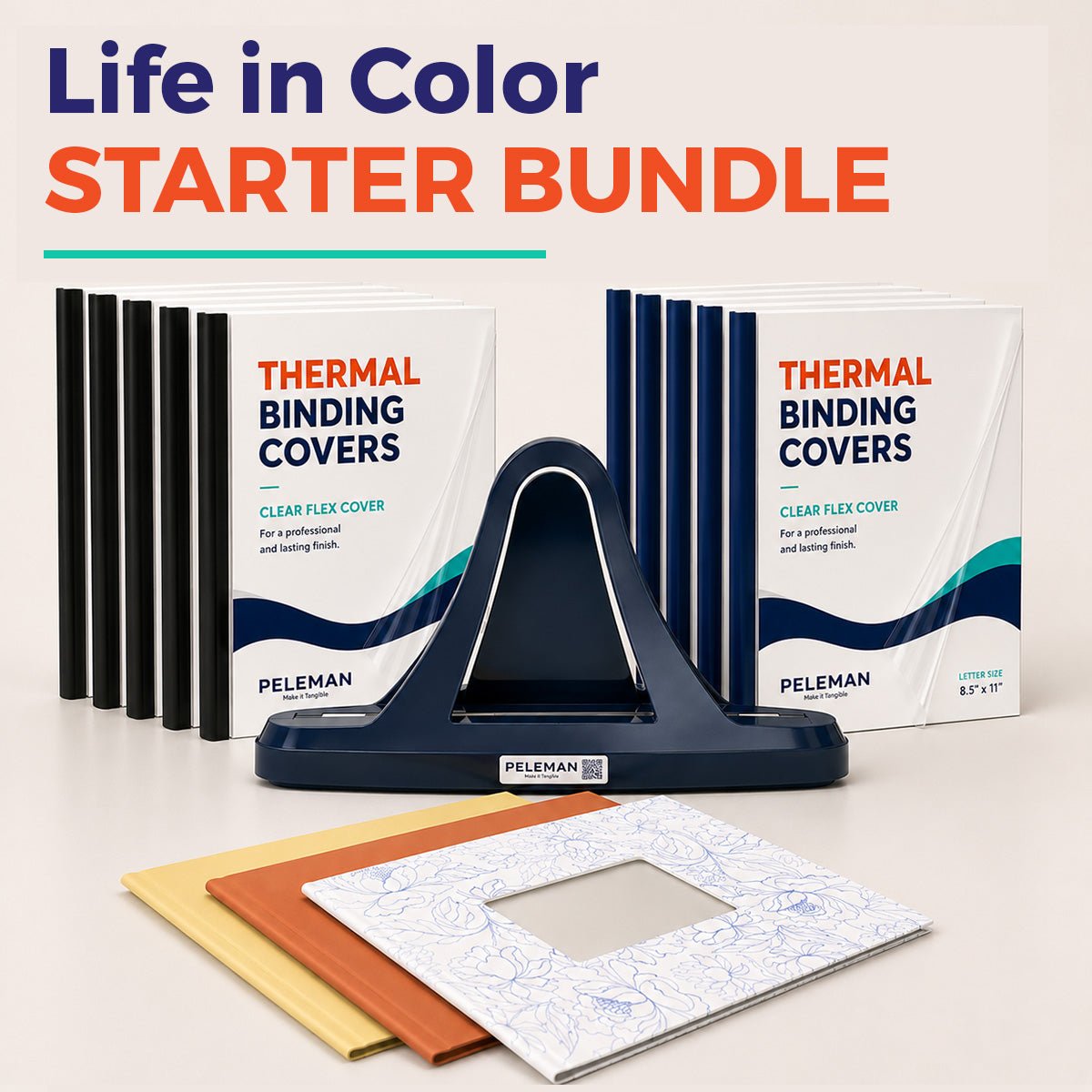 Peleman Life in Color starter bundle with navy thermal binding machine, clear flex binding covers and landscape window hardcovers in yellow, rust and floral, a bookbinding kit for beginners