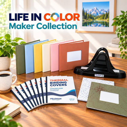 Peleman Life in Color maker collection with thermal binding machine, window hardcovers, map-print travel scrapbook covers and clear flex binding covers, a bookbinding kit for crafts and photo albums